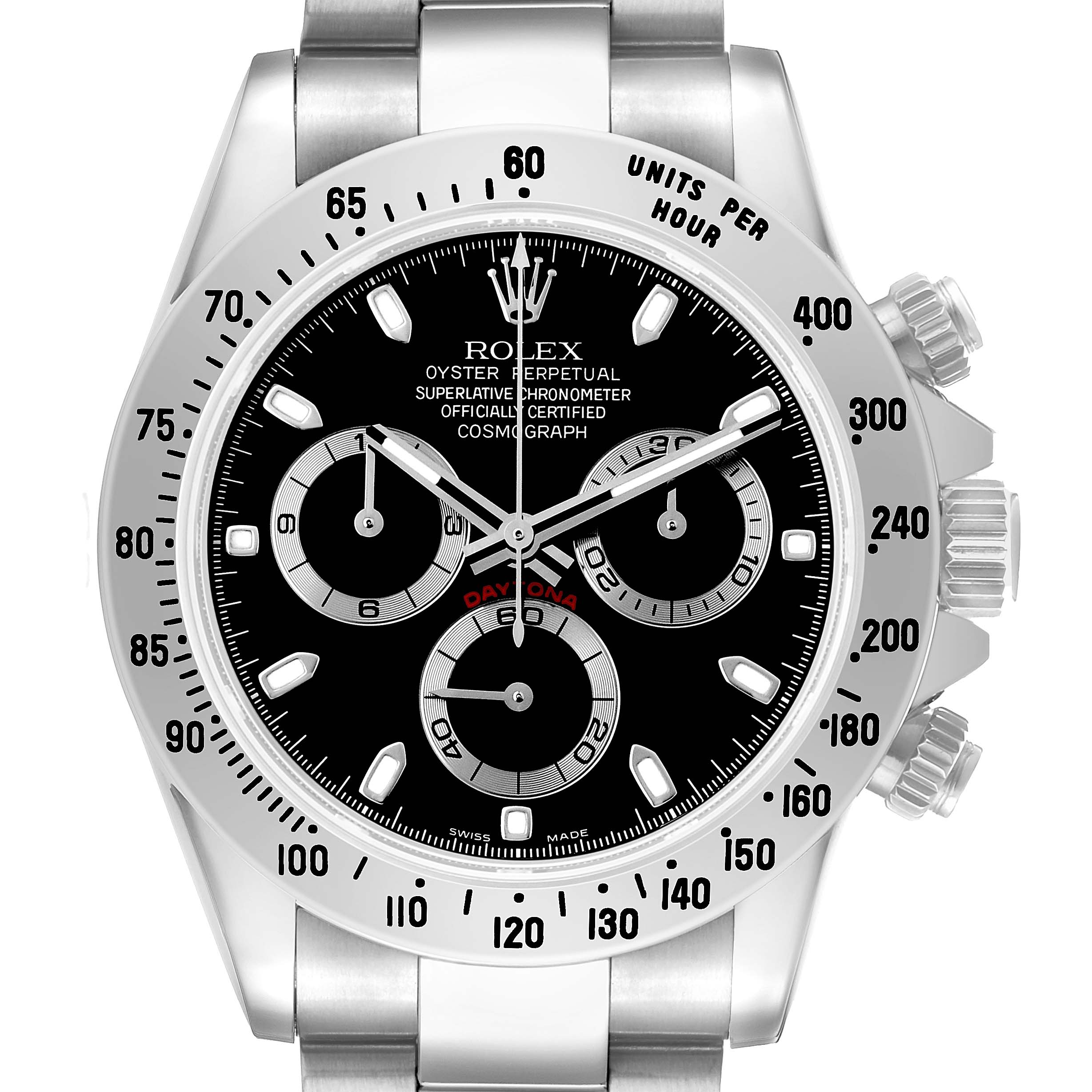 The Rolex Daytona 116520 Men's Stainless Steel Black Dial watch is shown from a straight-on angle, highlighting the dial, bezel, and pushers.