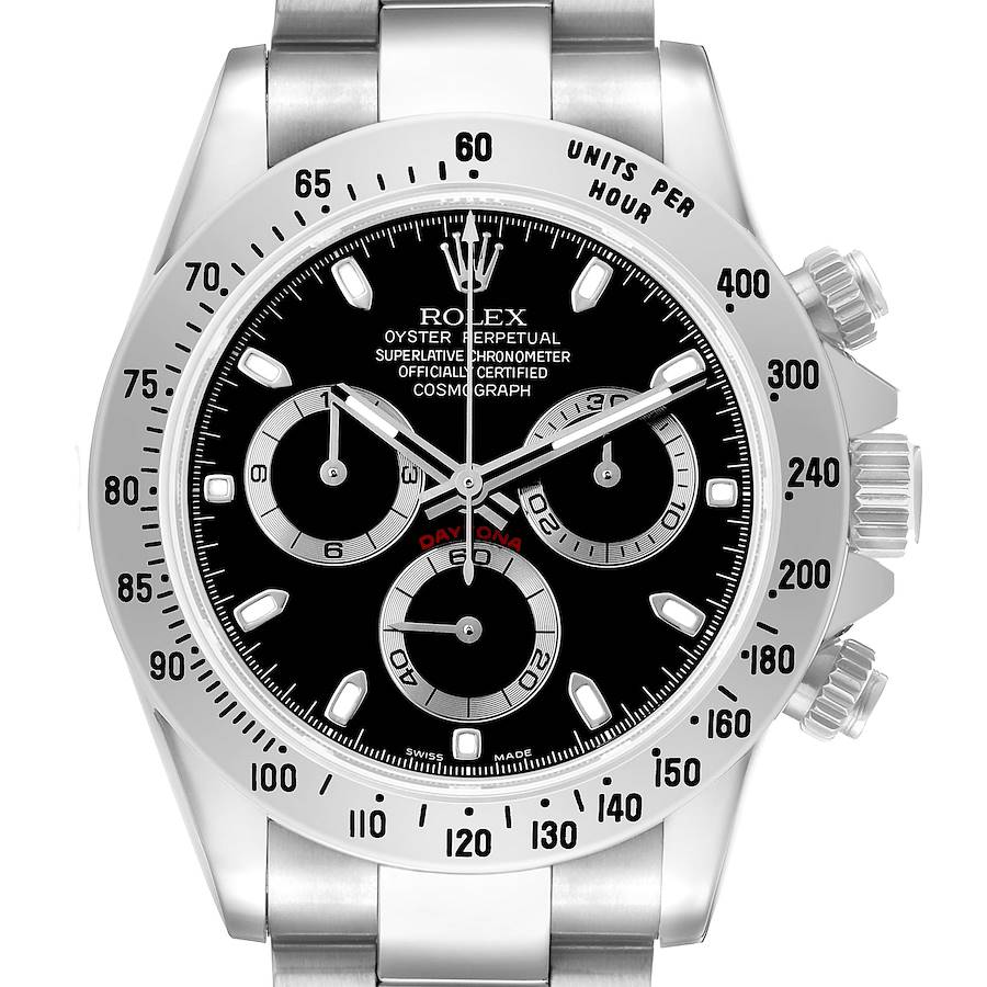 The Rolex Daytona 116520 Men's Stainless Steel Black Dial watch is shown from a straight-on angle, highlighting the dial, bezel, and pushers.