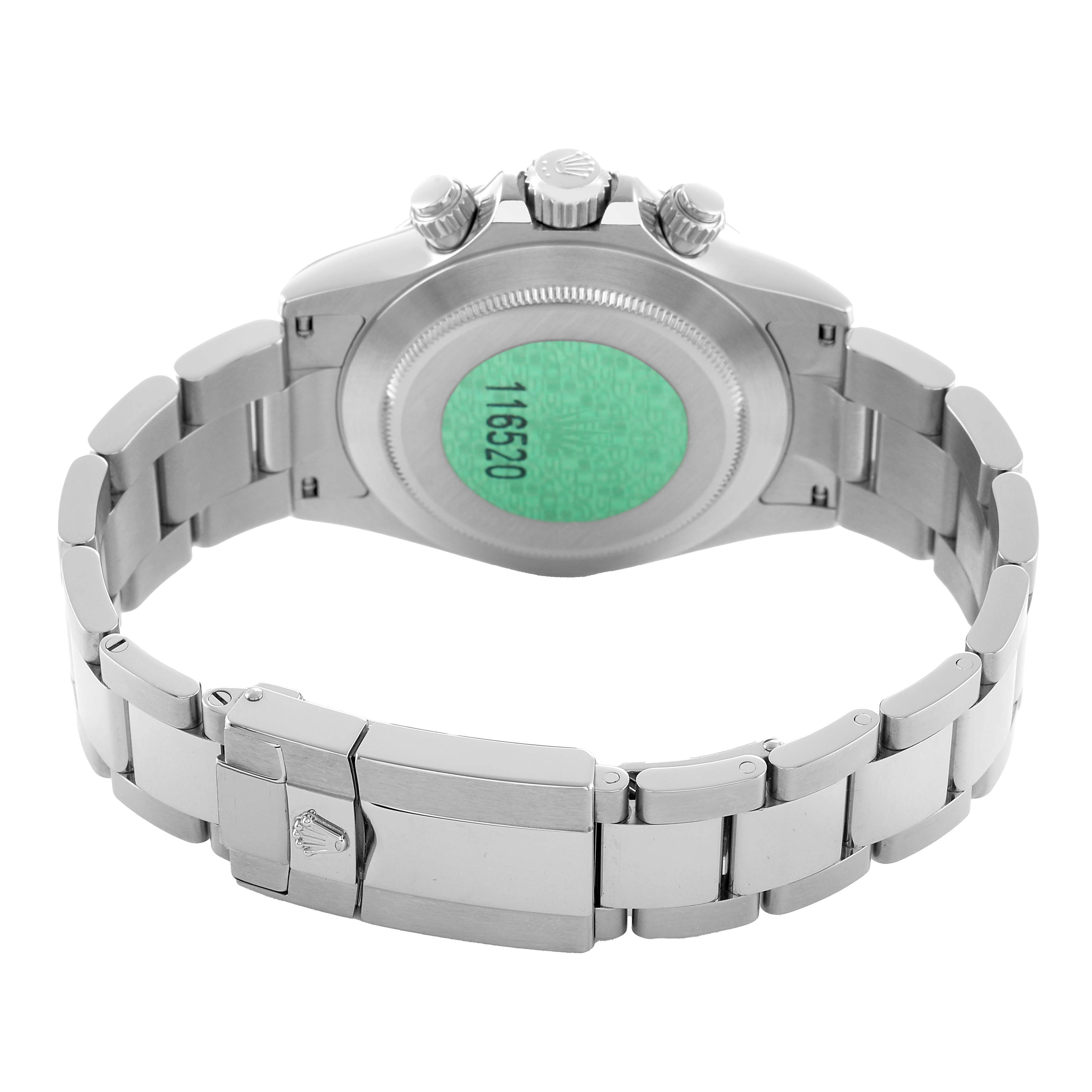 The image shows the back view of a Rolex Daytona 116520 Men's Stainless Steel Black Dial watch, highlighting the case back, bracelet, and clasp.