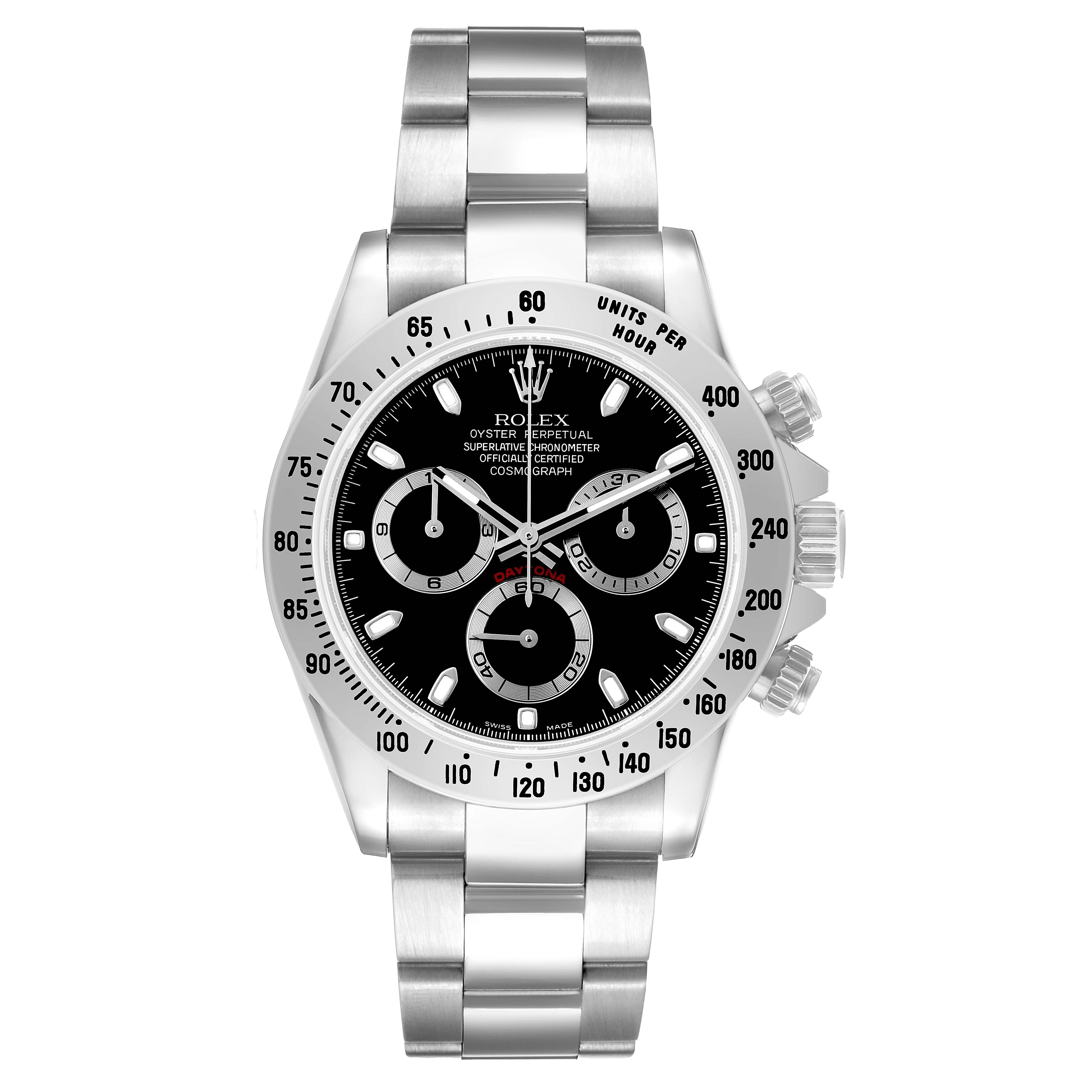 The Rolex Daytona 116520 Men's Stainless Steel Black Dial watch is shown from a front angle, highlighting the dial, bezel, and bracelet.