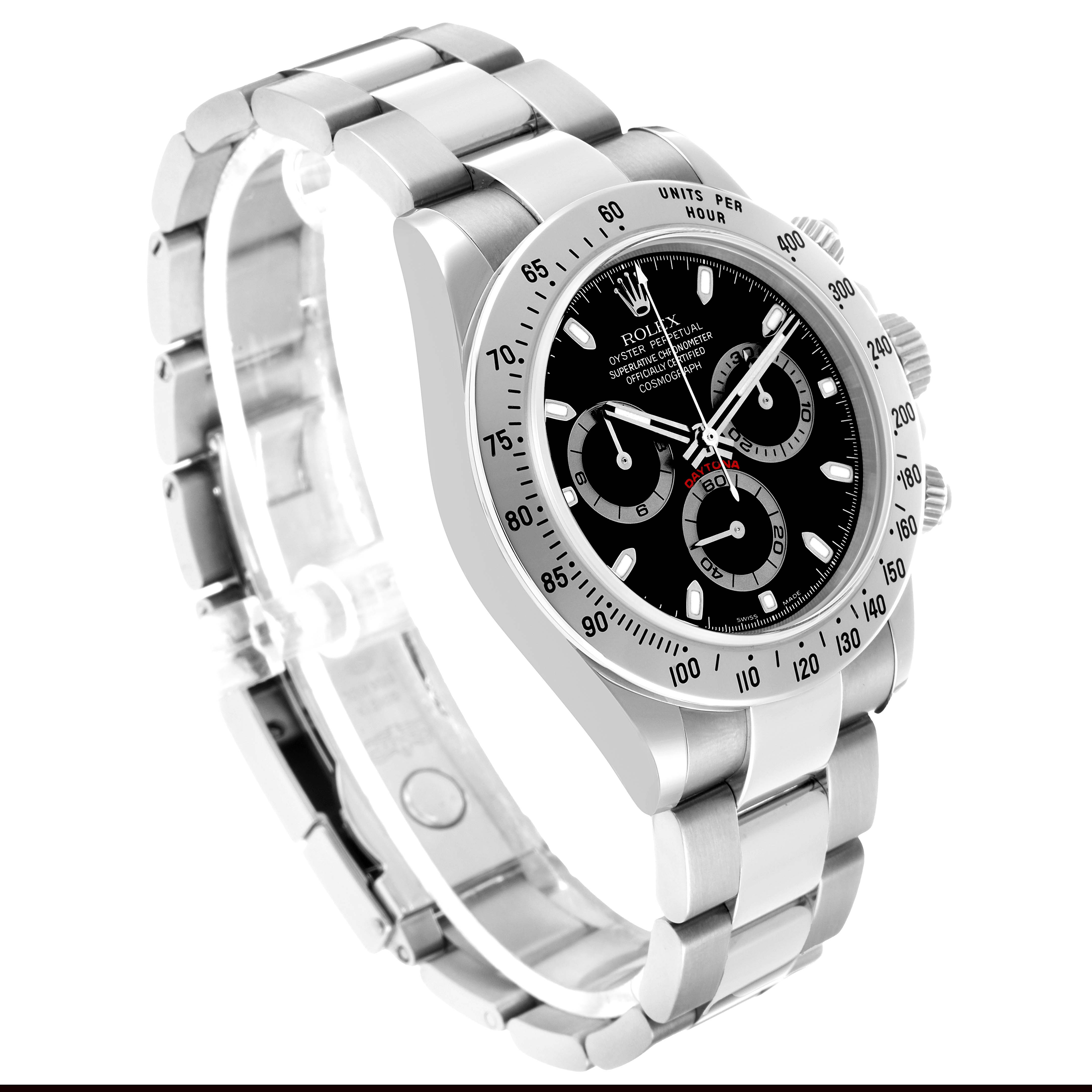 The Rolex Daytona 116520 Men's Stainless Steel Black Dial watch is shown from a three-quarter angle, highlighting the case, bezel, bracelet, and black dial.