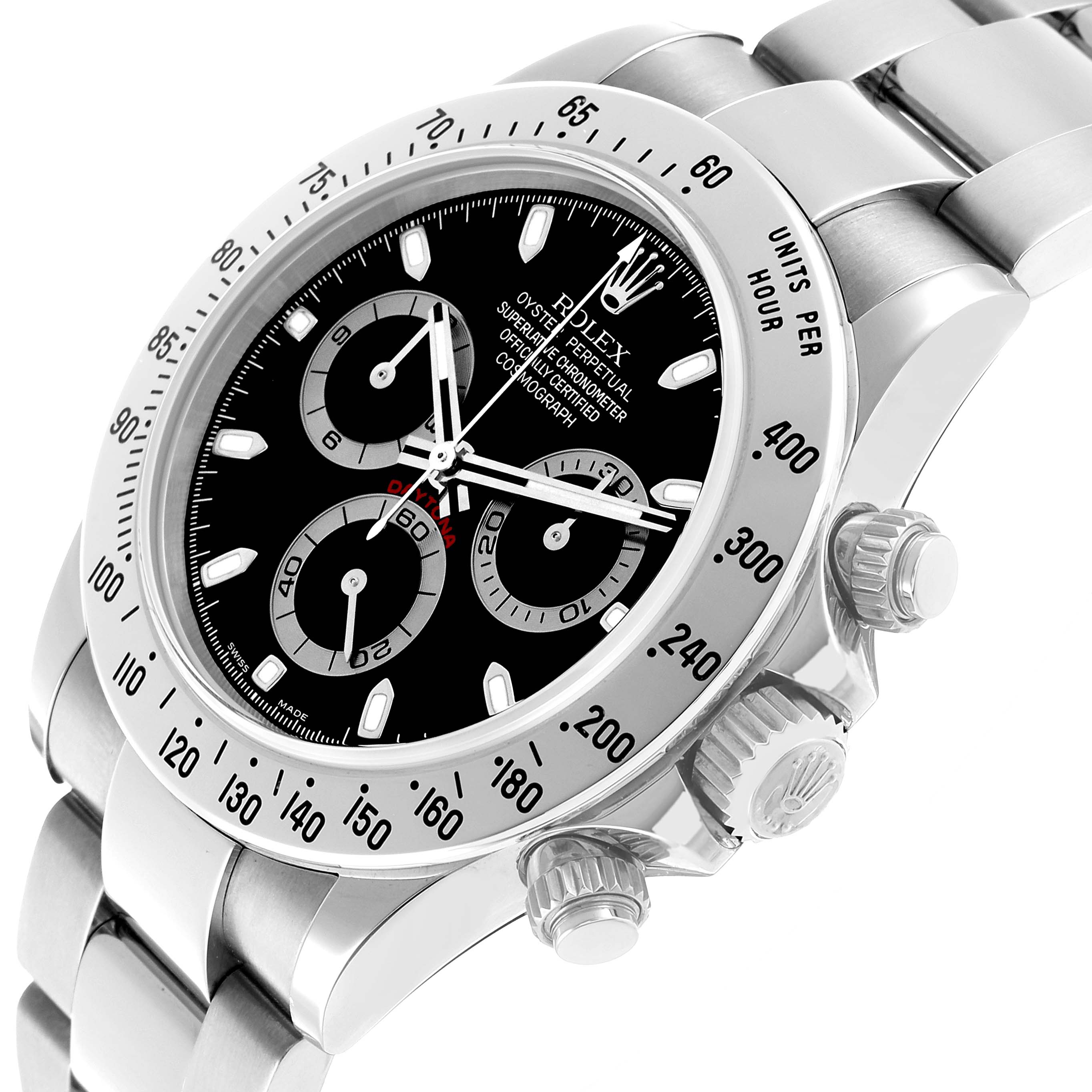 The Rolex Daytona 116520 Men's Stainless Steel Black Dial watch is shown at an angled view, highlighting the bezel, crown, pushers, and part of the bracelet.