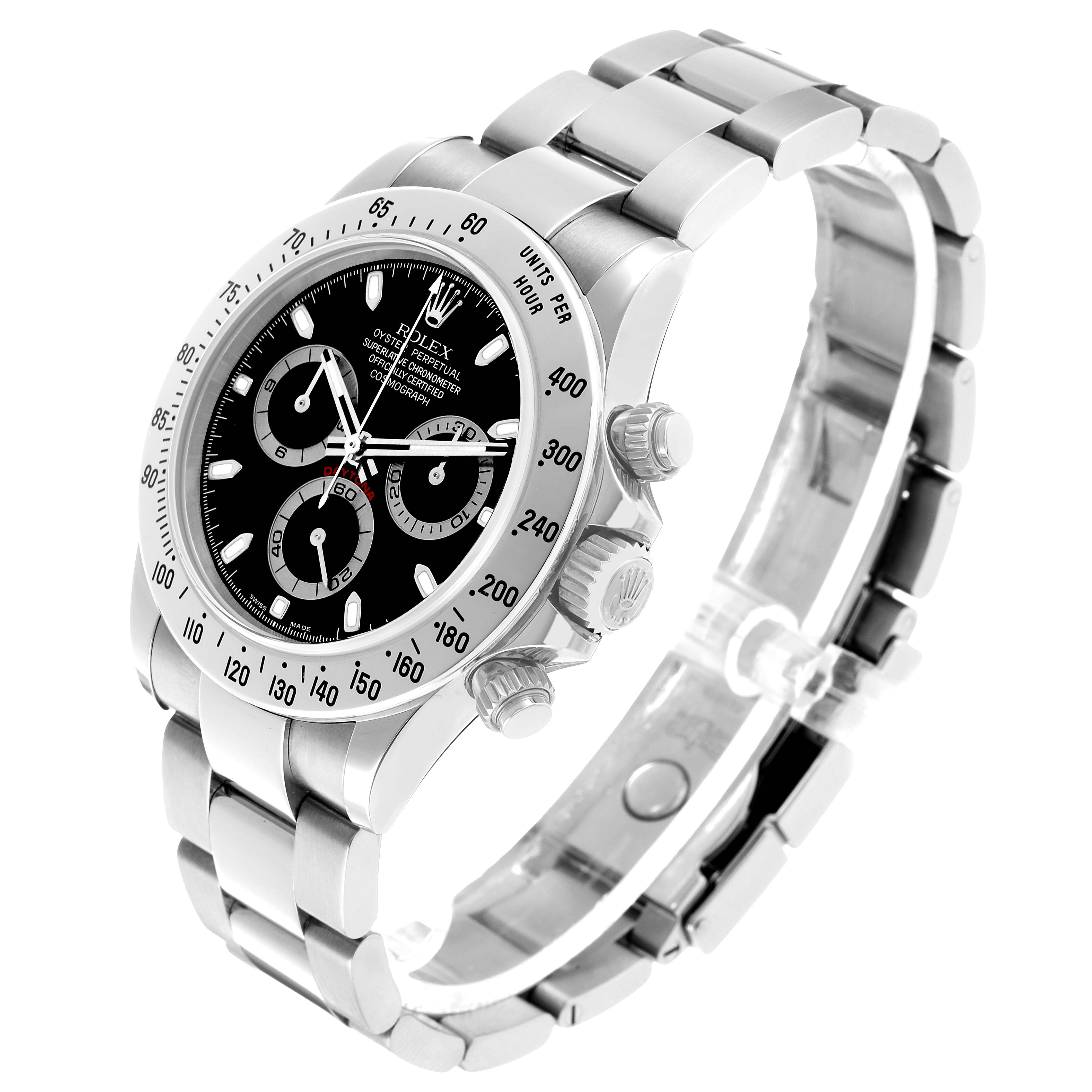 The Rolex Daytona 116520 Men's Stainless Steel Black Dial watch is shown at a three-quarter angle, displaying the dial, bezel, crown, pushers, and metal bracelet.