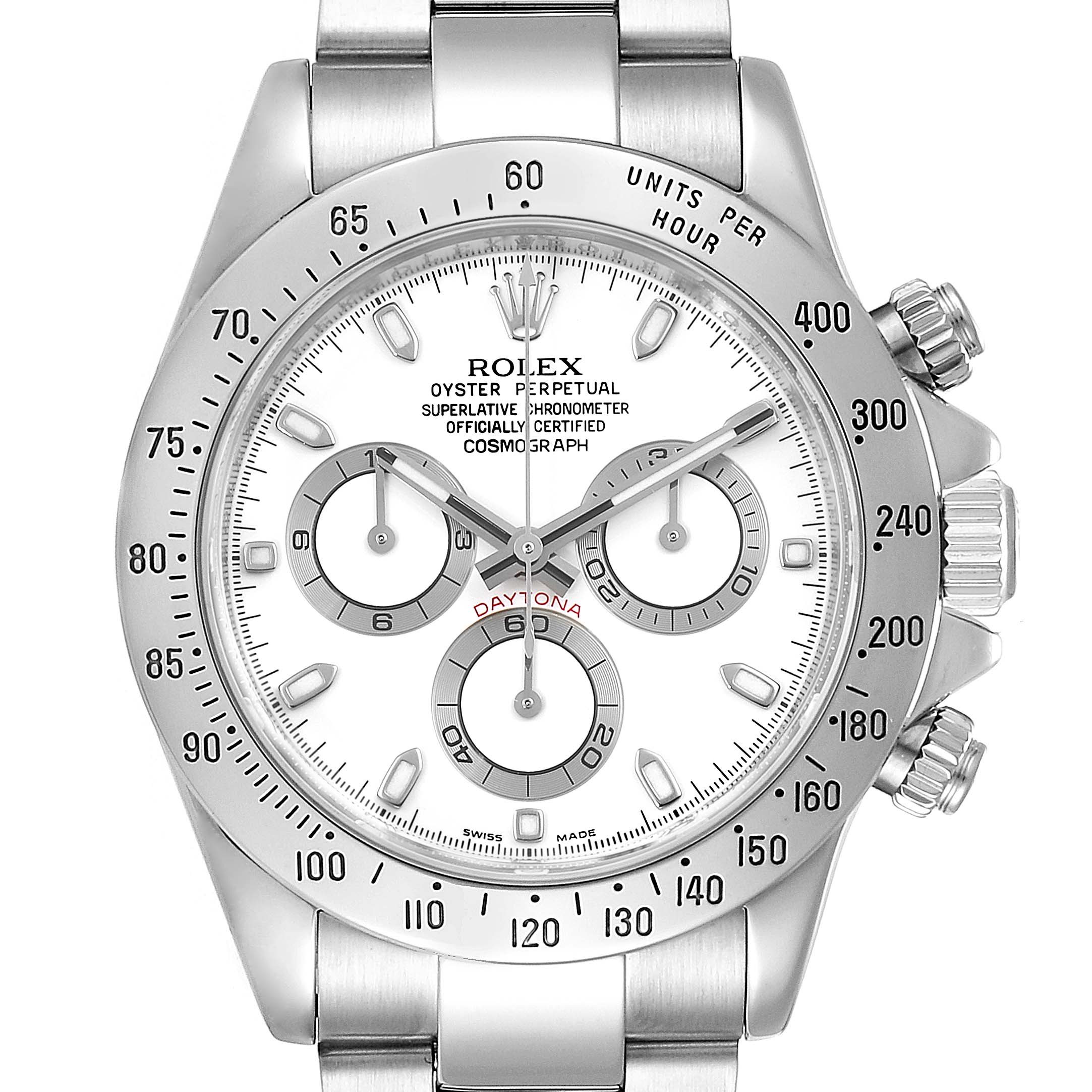 The image shows a frontal view of a Rolex Daytona 116520 Men's Stainless Steel White Dial 116520 Men's Stainless Steel White Dial watch, highlighting its dial, bezel, and pushers.
