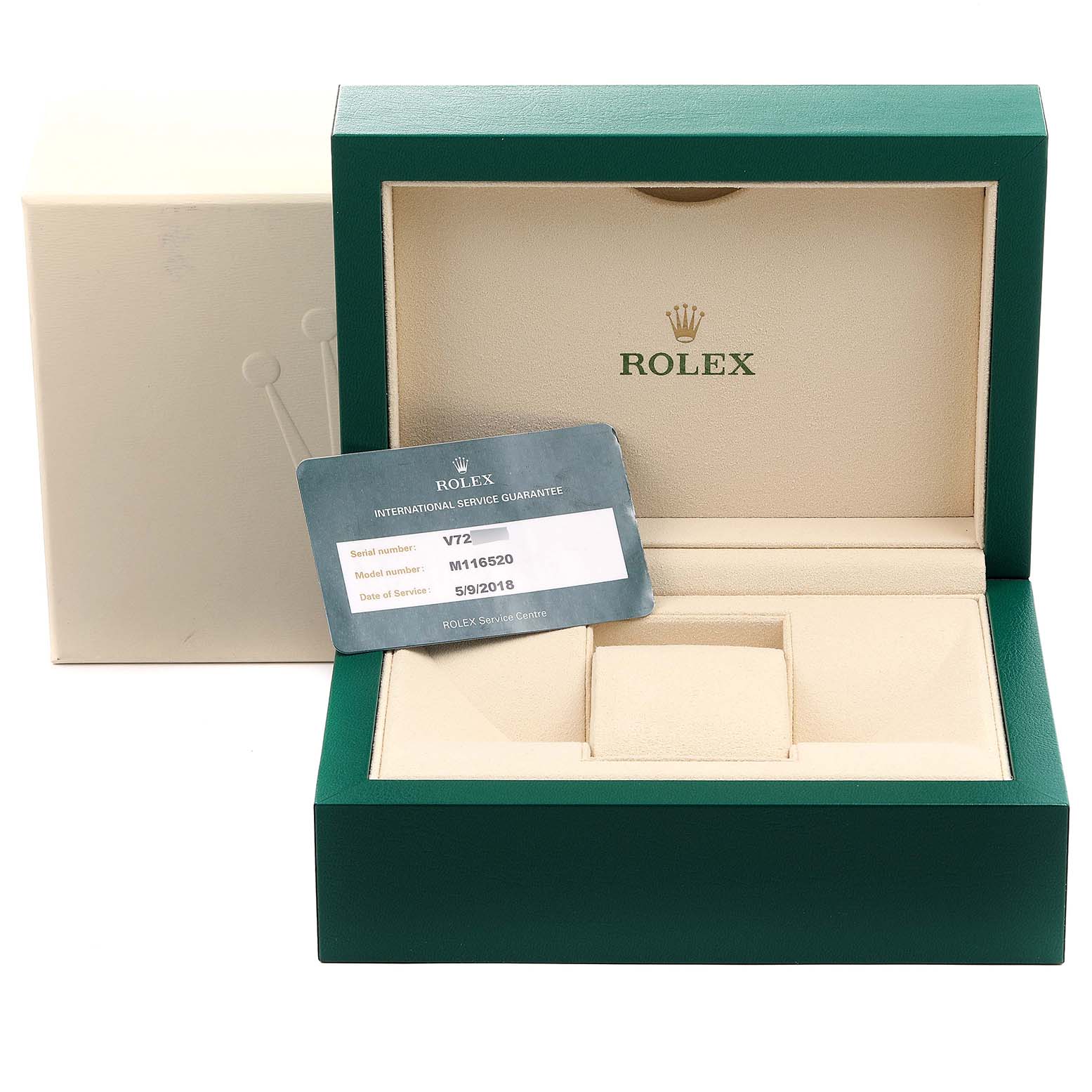 The image shows the open packaging box and warranty card for a Rolex Daytona 116520 Men's Stainless Steel White Dial 116520 Men's Stainless Steel White Dial watch.