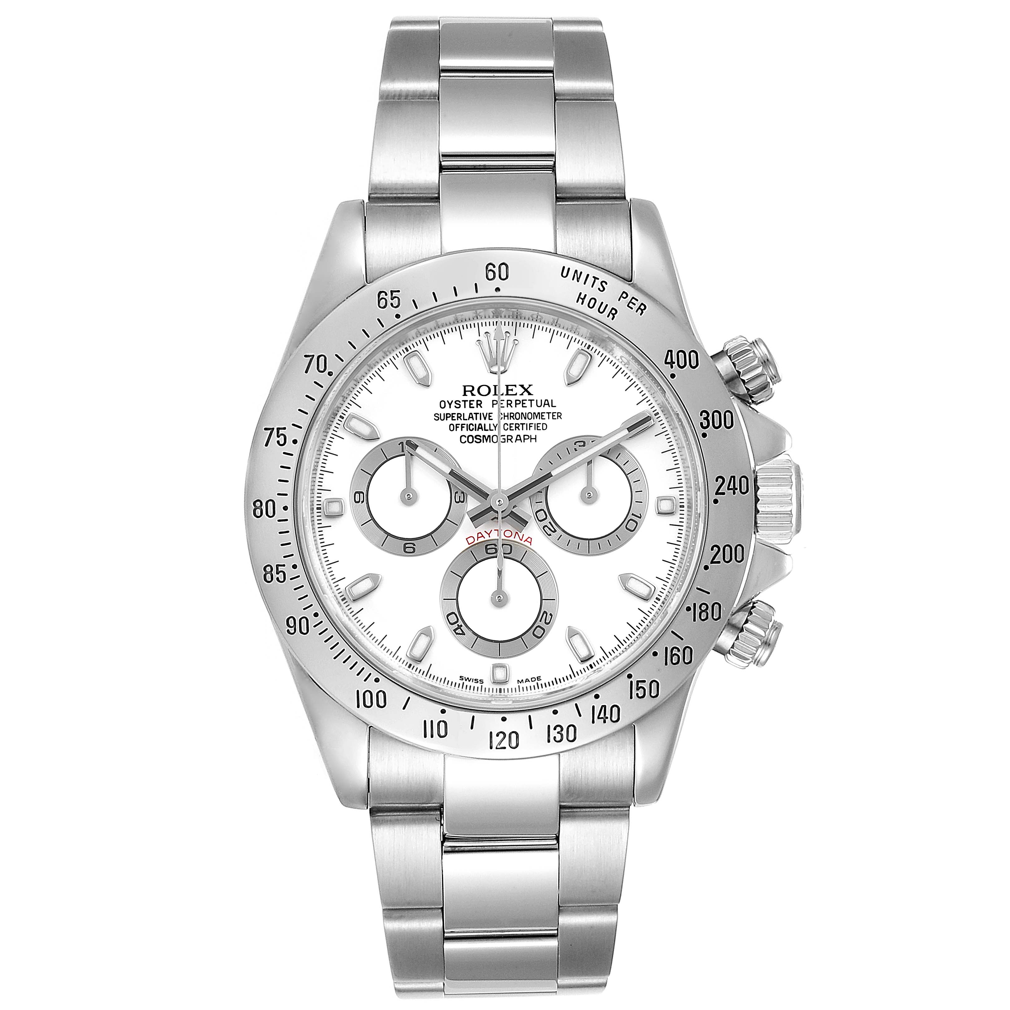 The image shows a front view of a Rolex Daytona 116520 Men's Stainless Steel White Dial 116520 Men's Stainless Steel White Dial watch, displaying the face, bezel, crown, and bracelet.