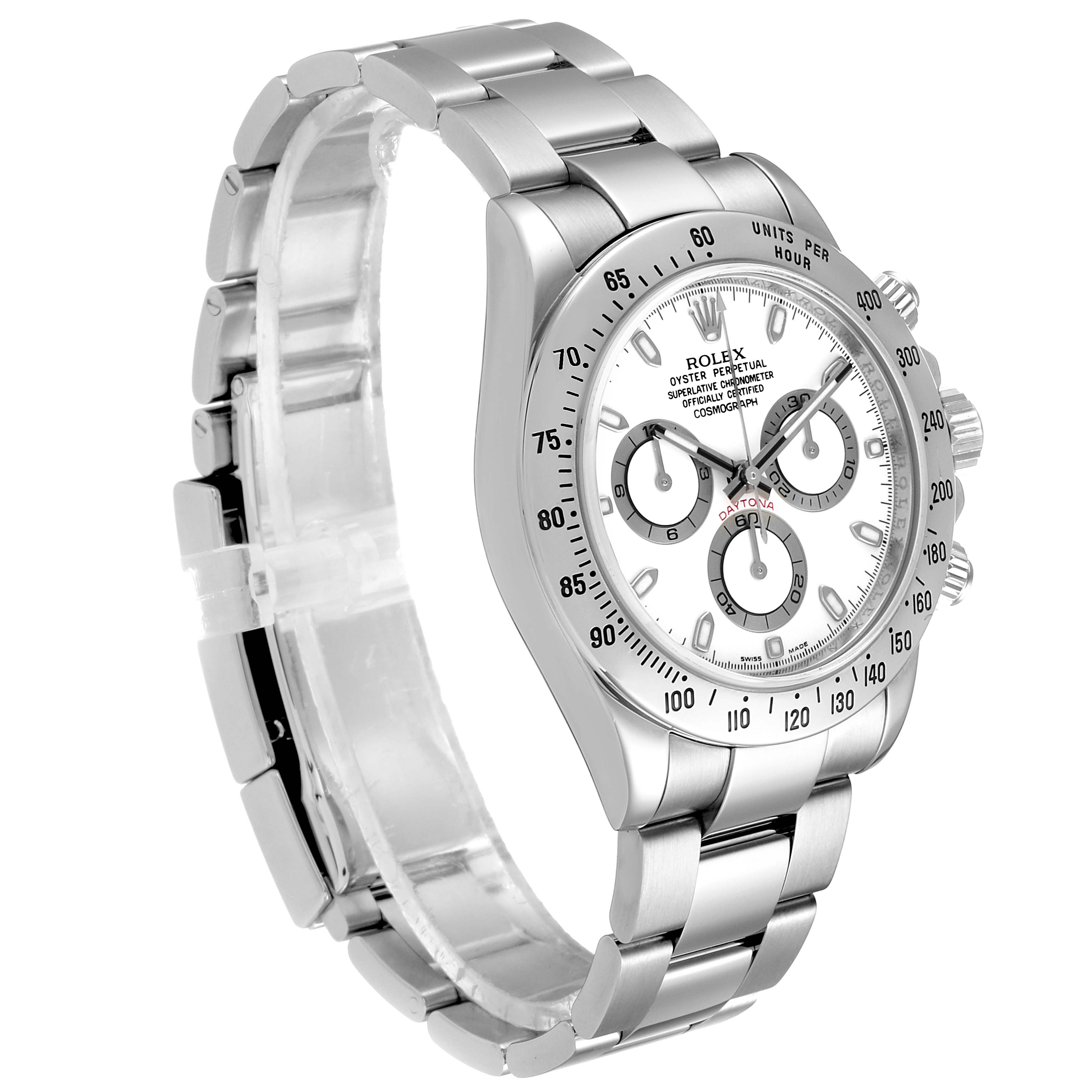The image shows a Rolex Daytona 116520 Men's Stainless Steel White Dial 116520 Men's Stainless Steel White Dial watch from a front-left angle, displaying the bracelet, bezel, and dial.
