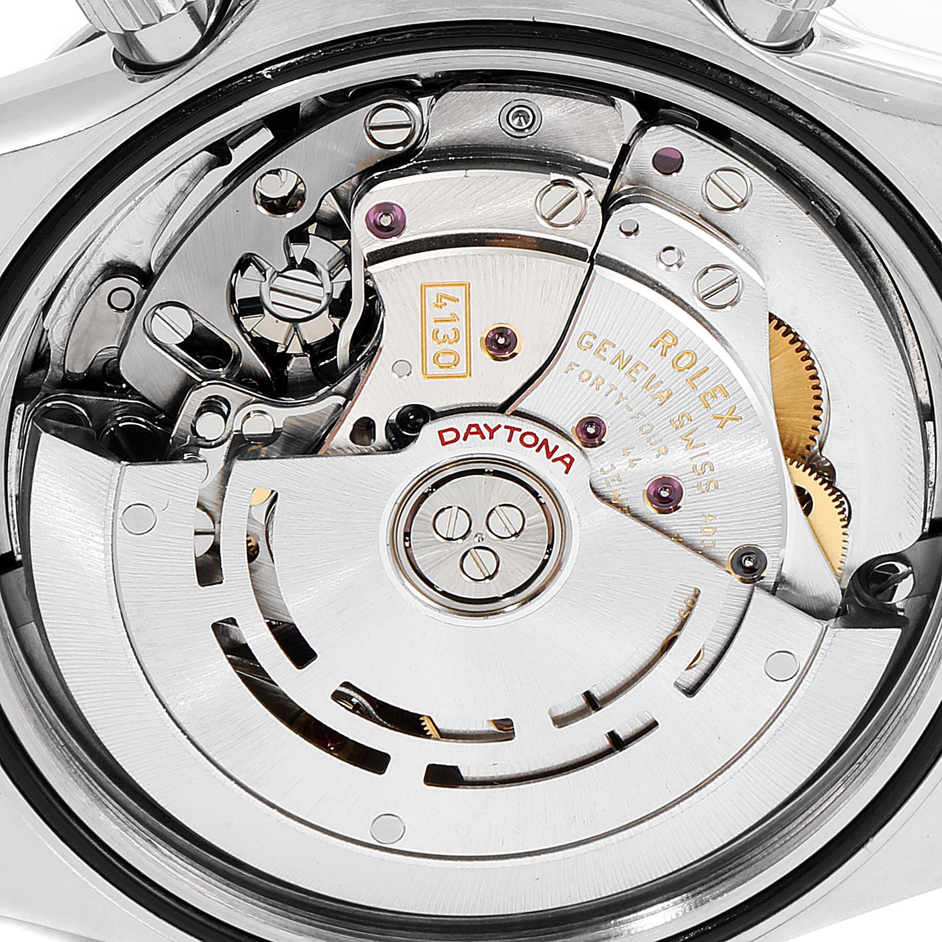 This image shows the intricate movement and mechanism of a Rolex Daytona 116520 Men's Stainless Steel White Dial 116520 Men's Stainless Steel White Dial watch from a rear angle.