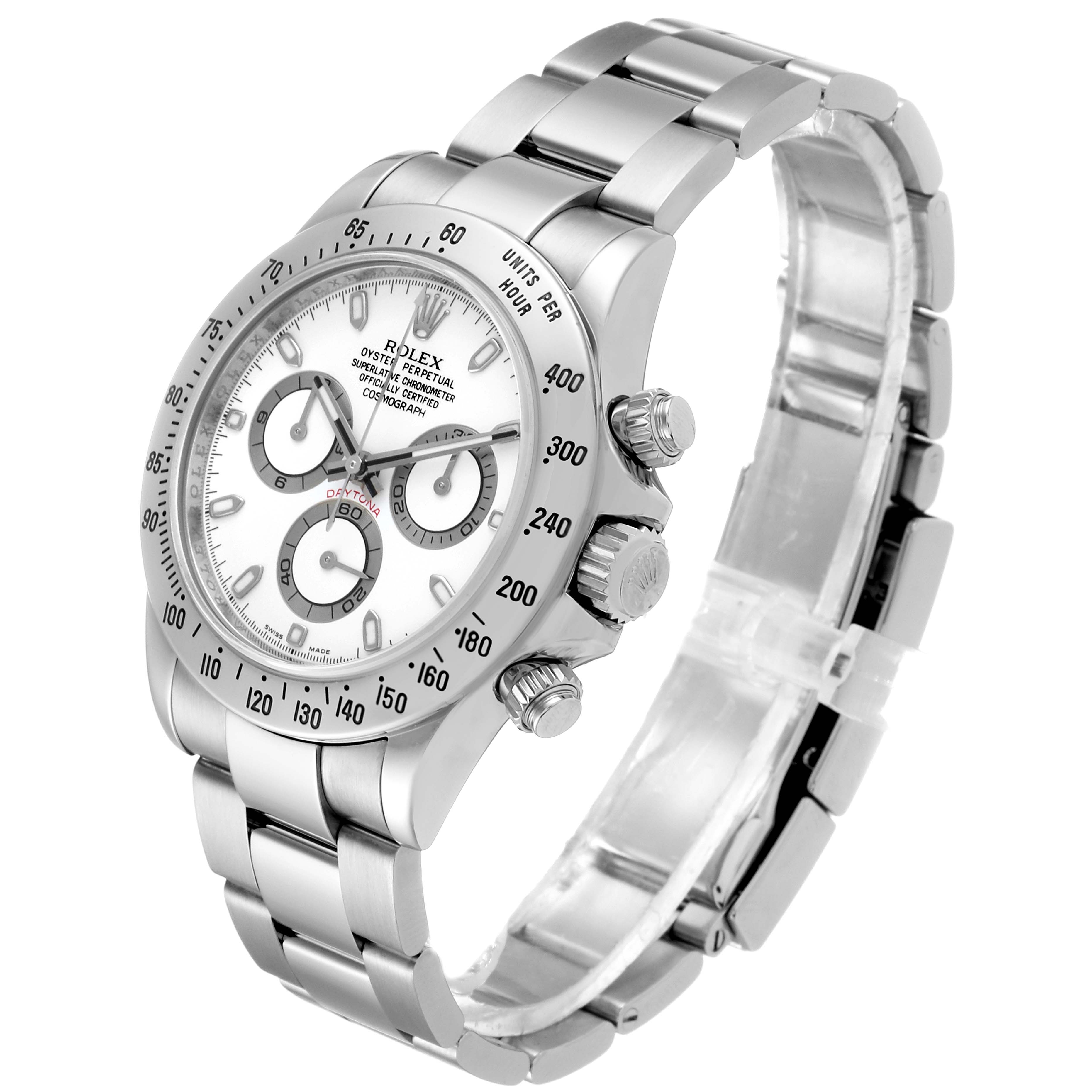 The Rolex Daytona 116520 Men's Stainless Steel White Dial 116520 Men's Stainless Steel White Dial watch is shown at a three-quarter angle, displaying the dial, bezel, and bracelet.