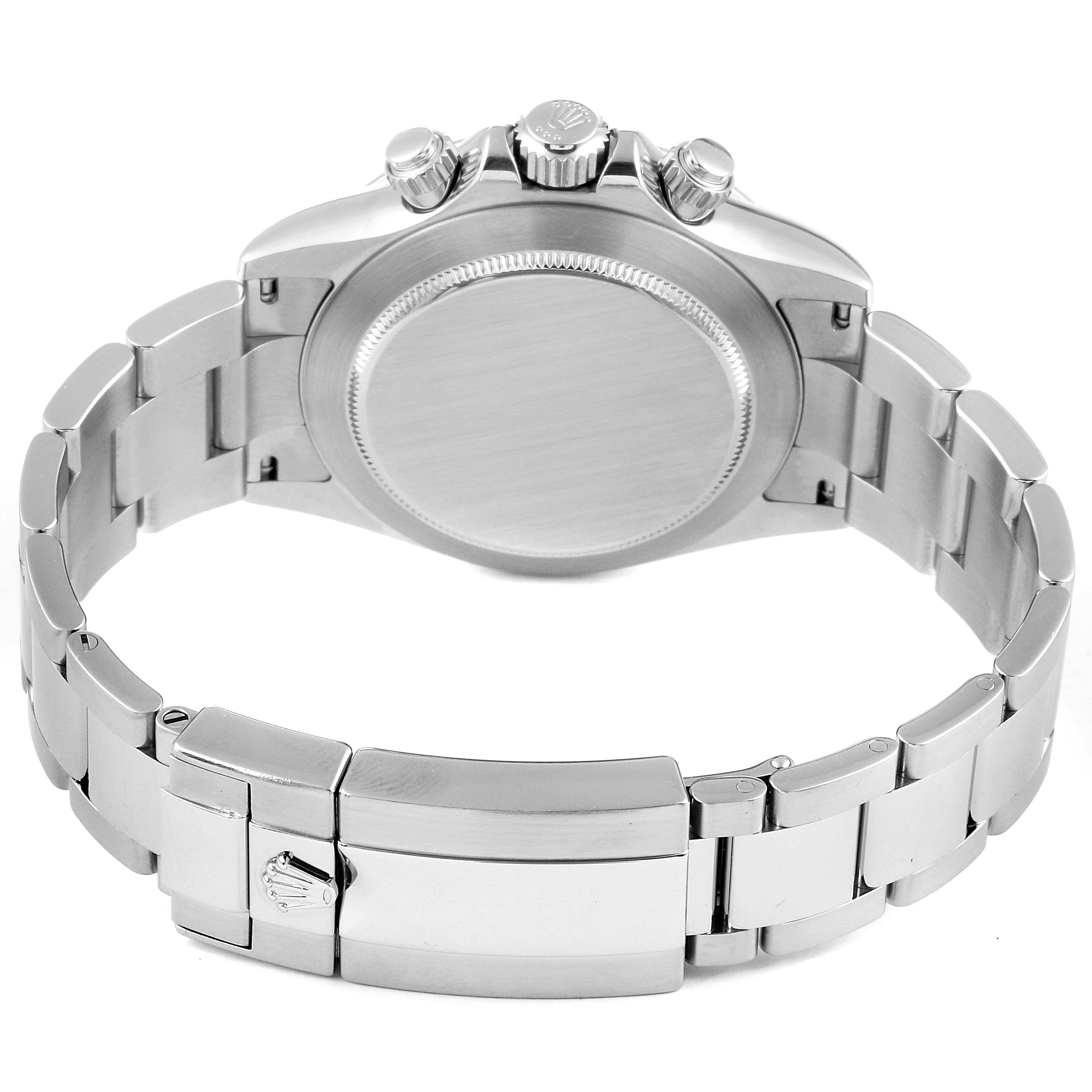 This image shows the backside view of a Rolex Daytona 116520 Men's Stainless Steel White Dial 116520 Men's Stainless Steel White Dial watch, highlighting the case back, bracelet, and clasp.