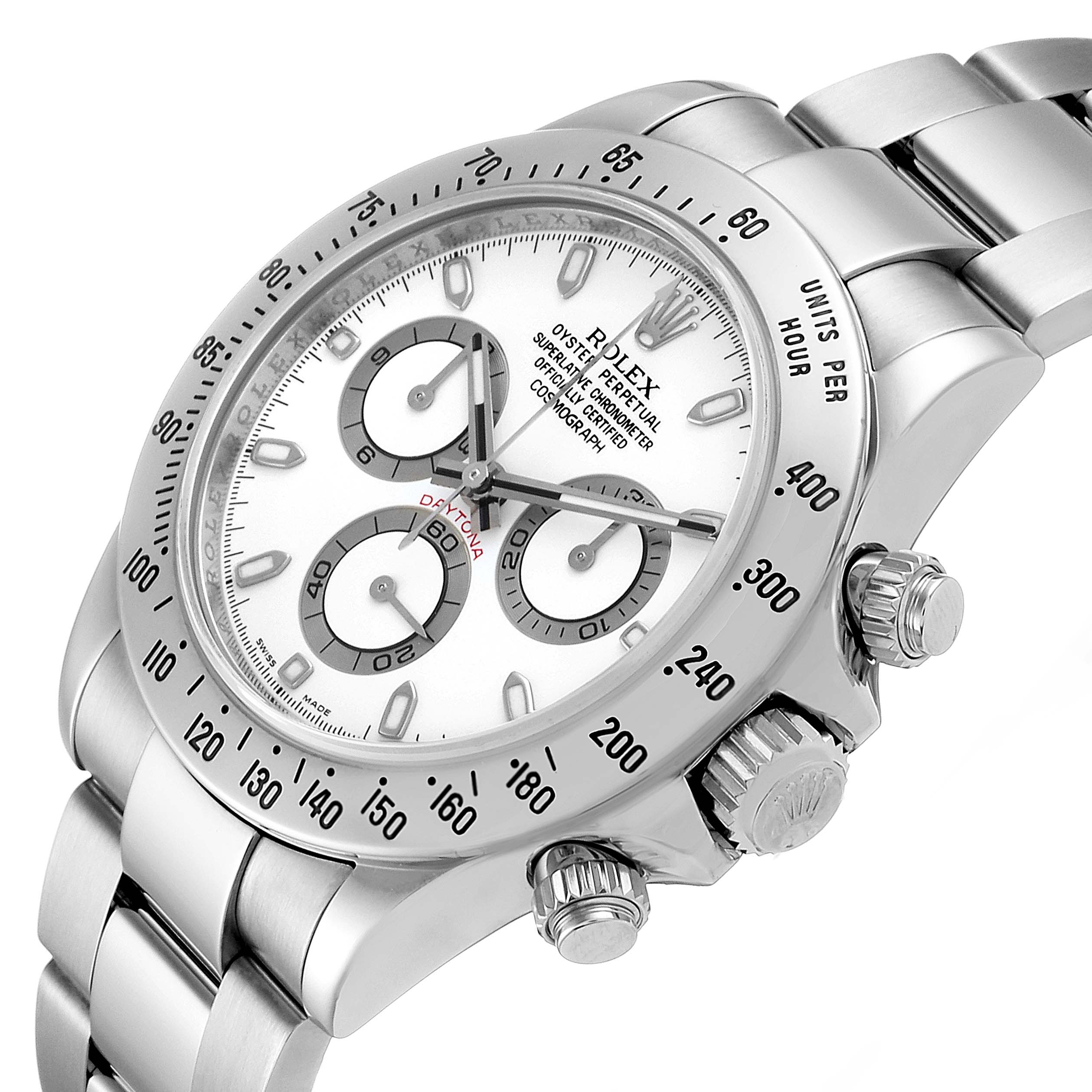 The Rolex Daytona 116520 Men's Stainless Steel White Dial 116520 Men's Stainless Steel White Dial watch is shown at an angled view, highlighting the dial, bezel, bracelet, and chronograph pushers.