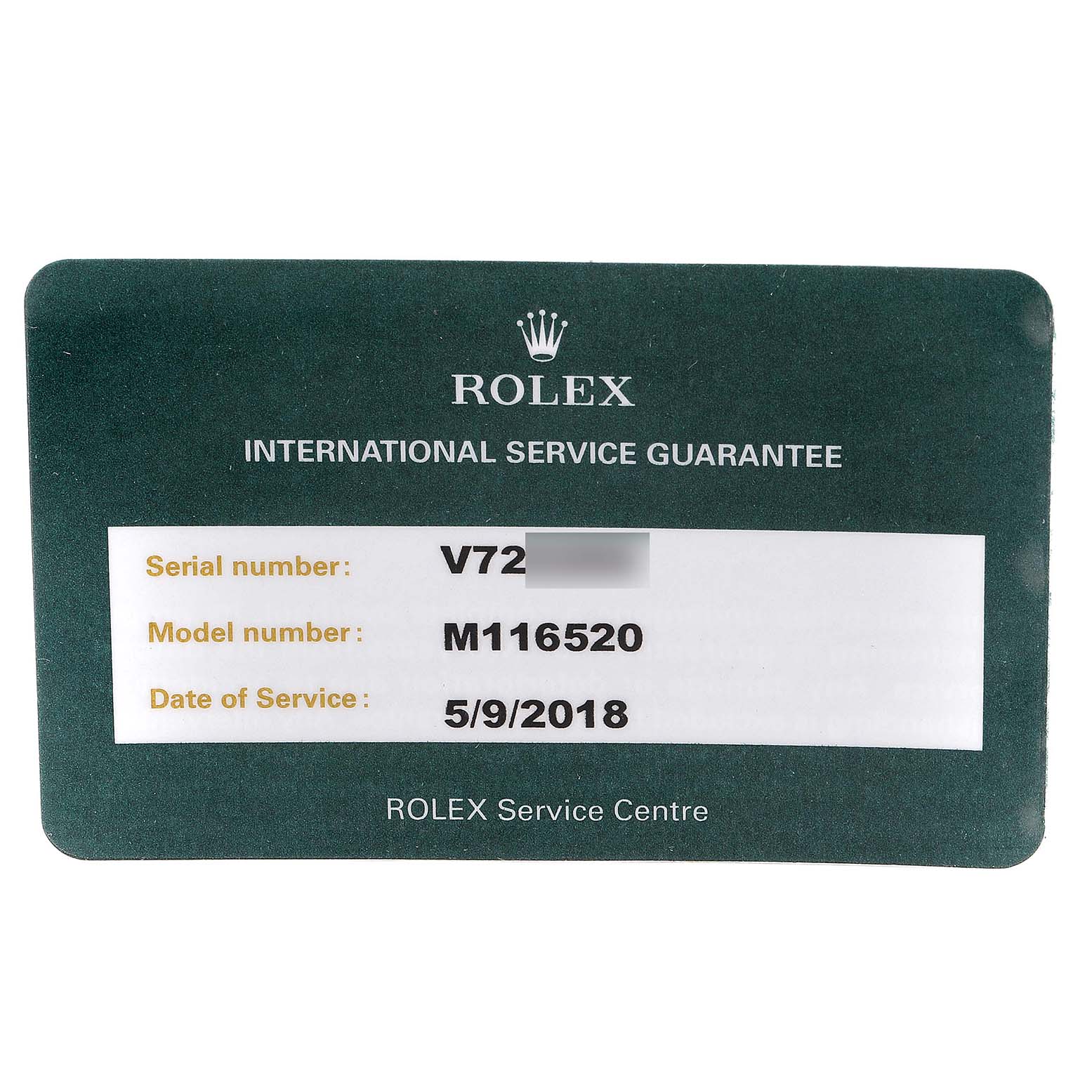 This image shows a Rolex International Service Guarantee card for the Daytona model M116520, with a service date of 5/9/2018.
