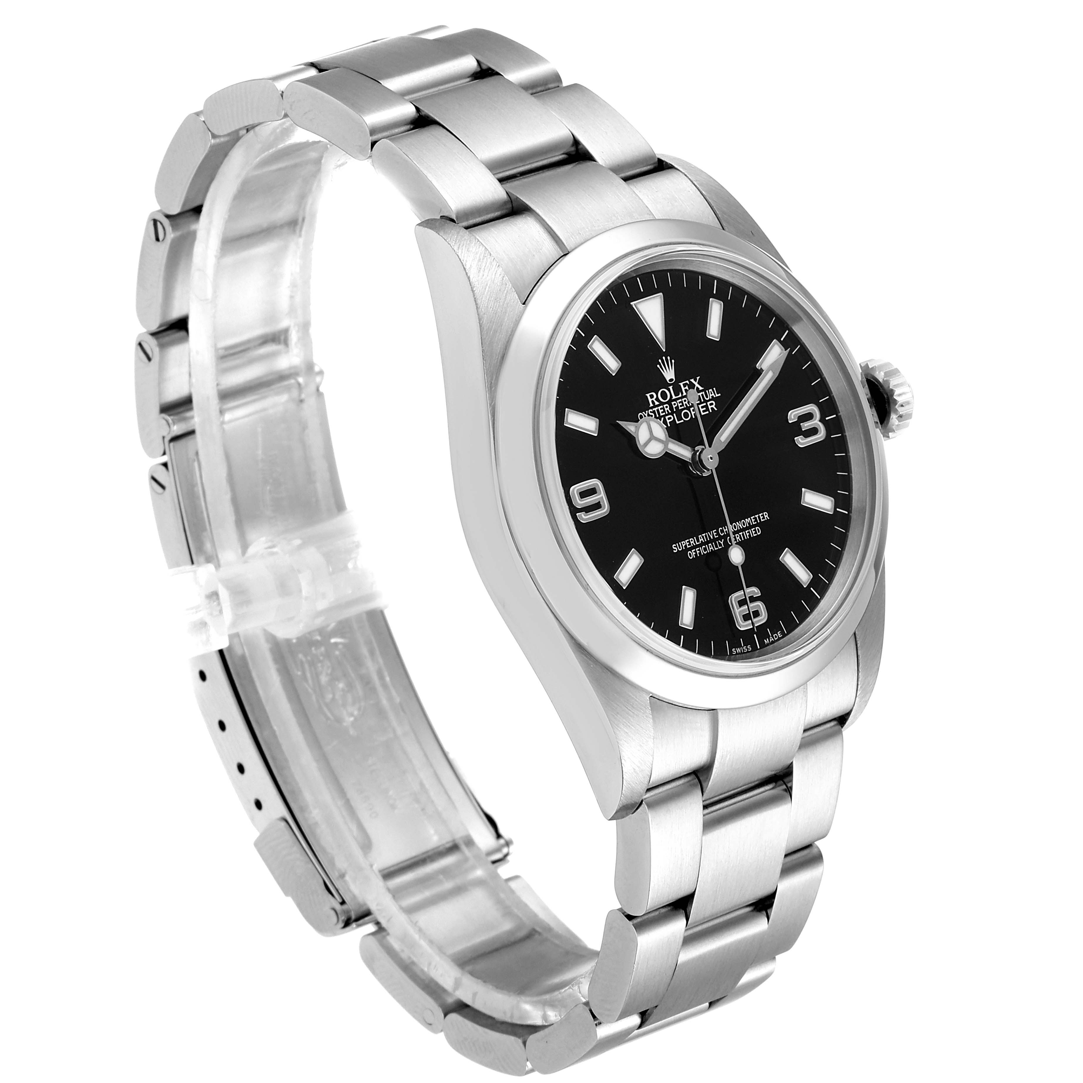 The image shows a Rolex Explorer 114270 Men
s Stainless Steel Black Dial 114270 Men
s Stainless Steel Black Dial watch at an angled side view, displaying the black dial, bezel, and stainless steel bracelet.