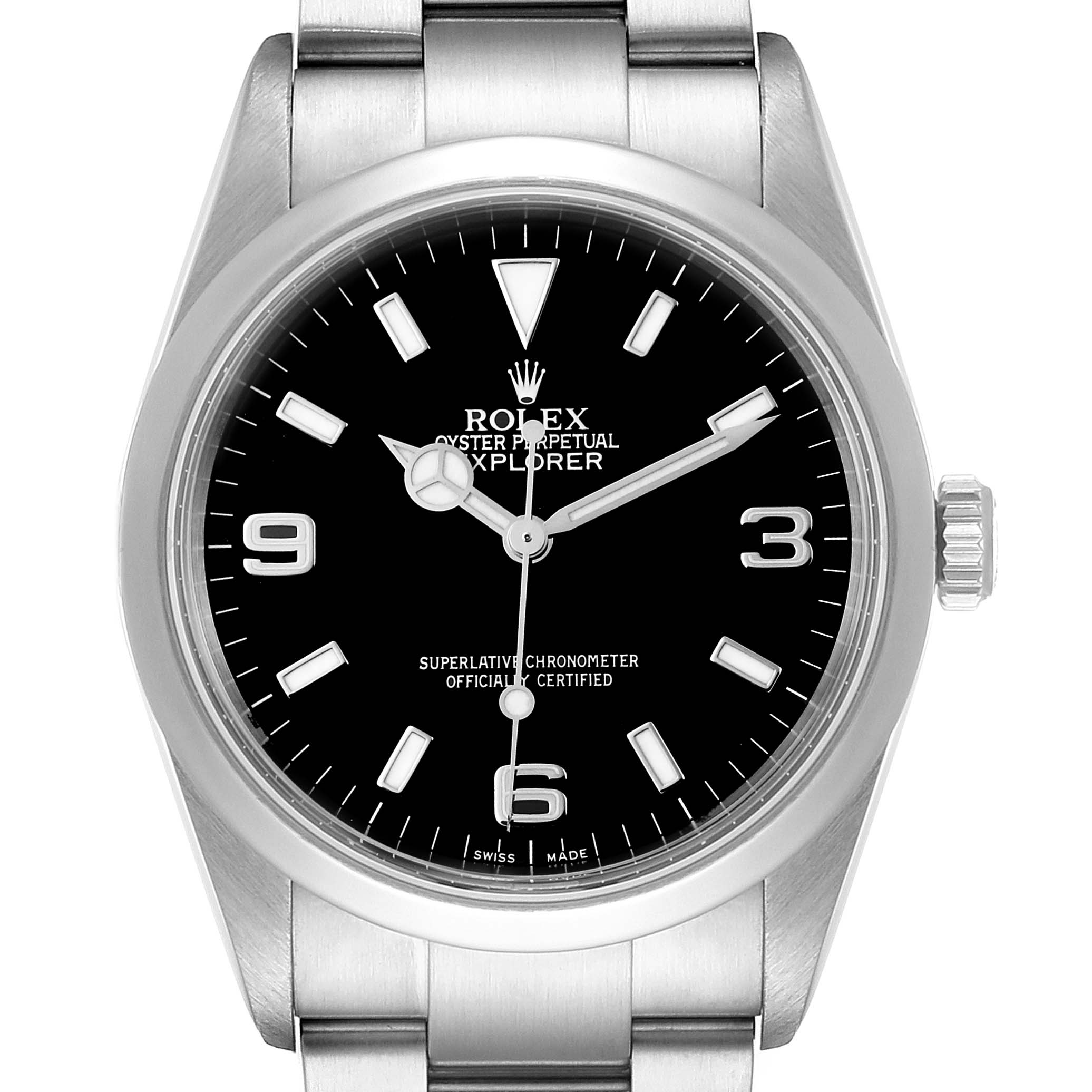 This image shows a front view of a Rolex Explorer 114270 Men
s Stainless Steel Black Dial 114270 Men
s Stainless Steel Black Dial watch, highlighting the dial, hour markers, hands, and part of the bracelet.