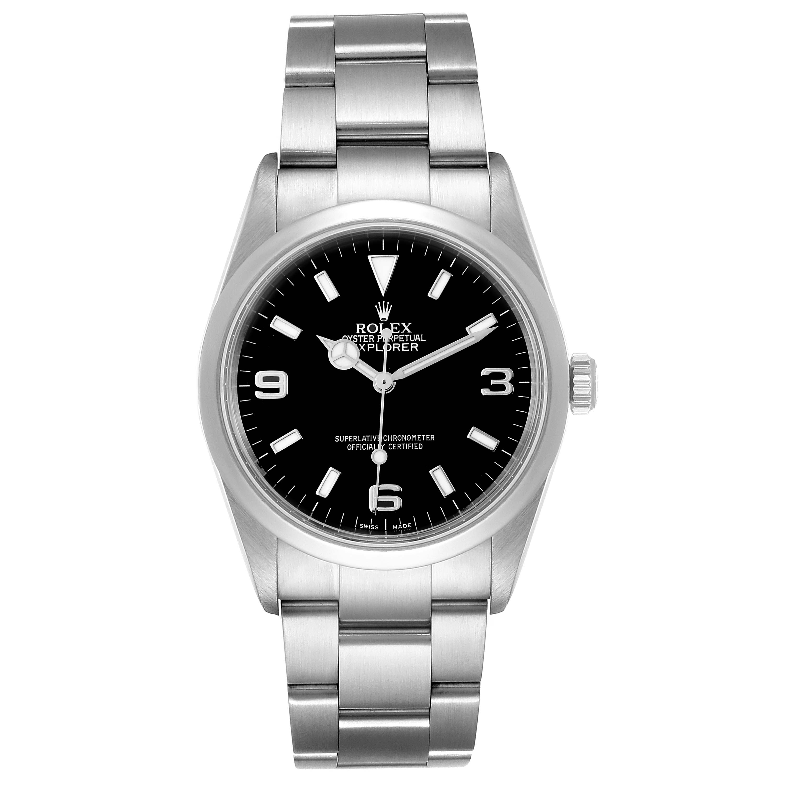 The image shows a front view of a Rolex Explorer 114270 Men
s Stainless Steel Black Dial 114270 Men
s Stainless Steel Black Dial watch, featuring its black dial, stainless steel case, and bracelet.