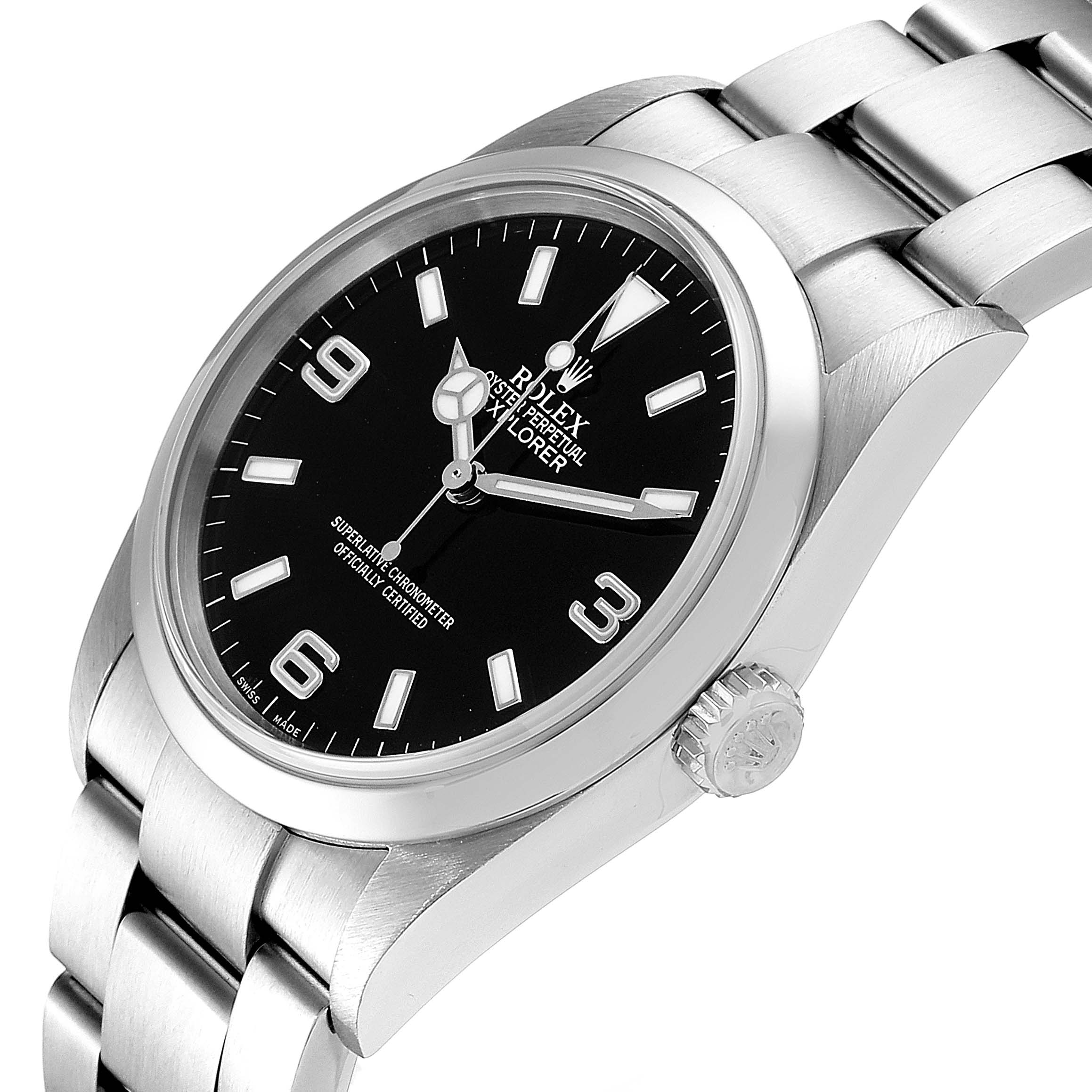 The image shows a side angle of the Rolex Explorer 114270 Men
s Stainless Steel Black Dial 114270 Men
s Stainless Steel Black Dial watch, highlighting the dial, bezel, crown, and part of the bracelet.