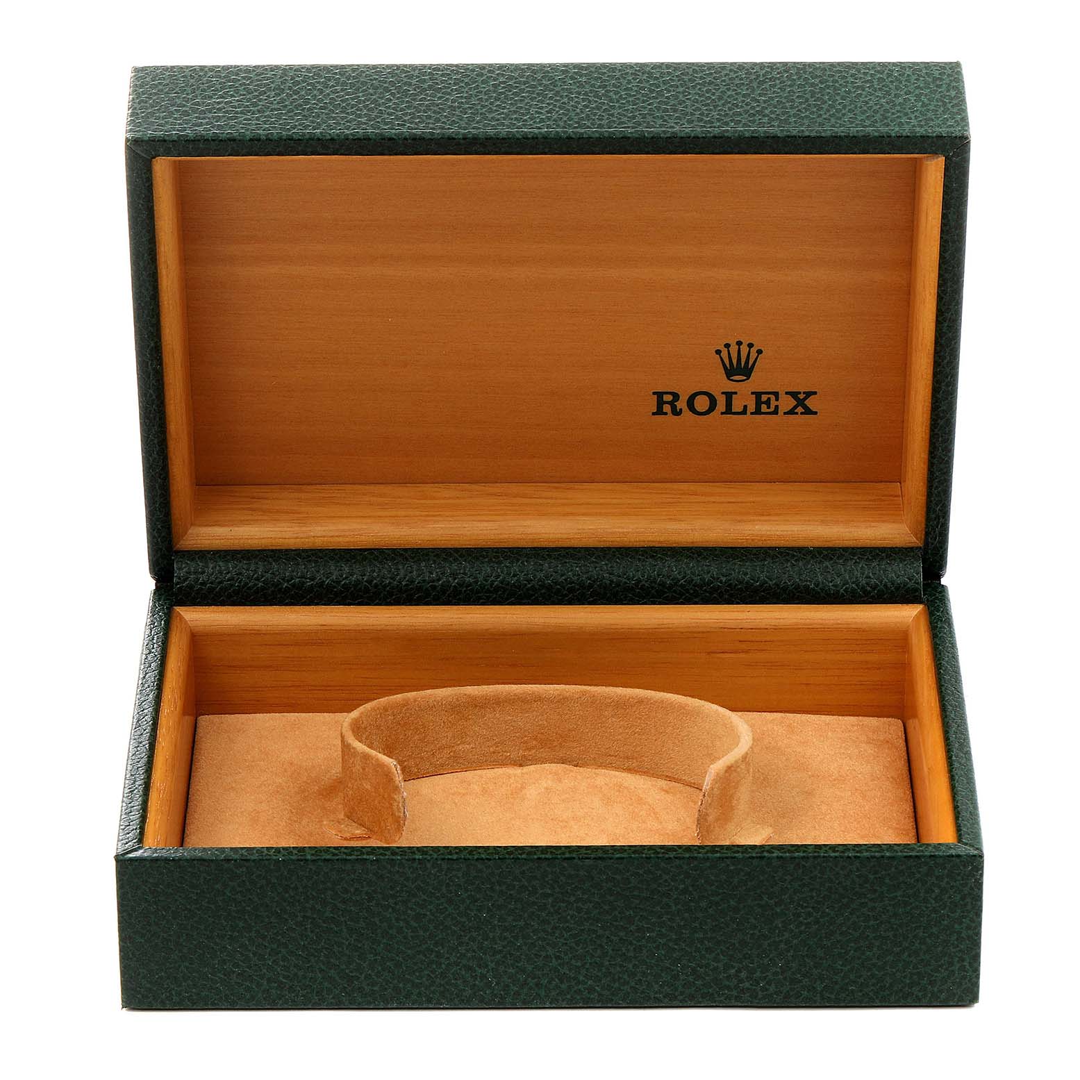 An open Rolex watch box for the Explorer model is shown, featuring a green exterior and a tan interior with the Rolex logo inside.