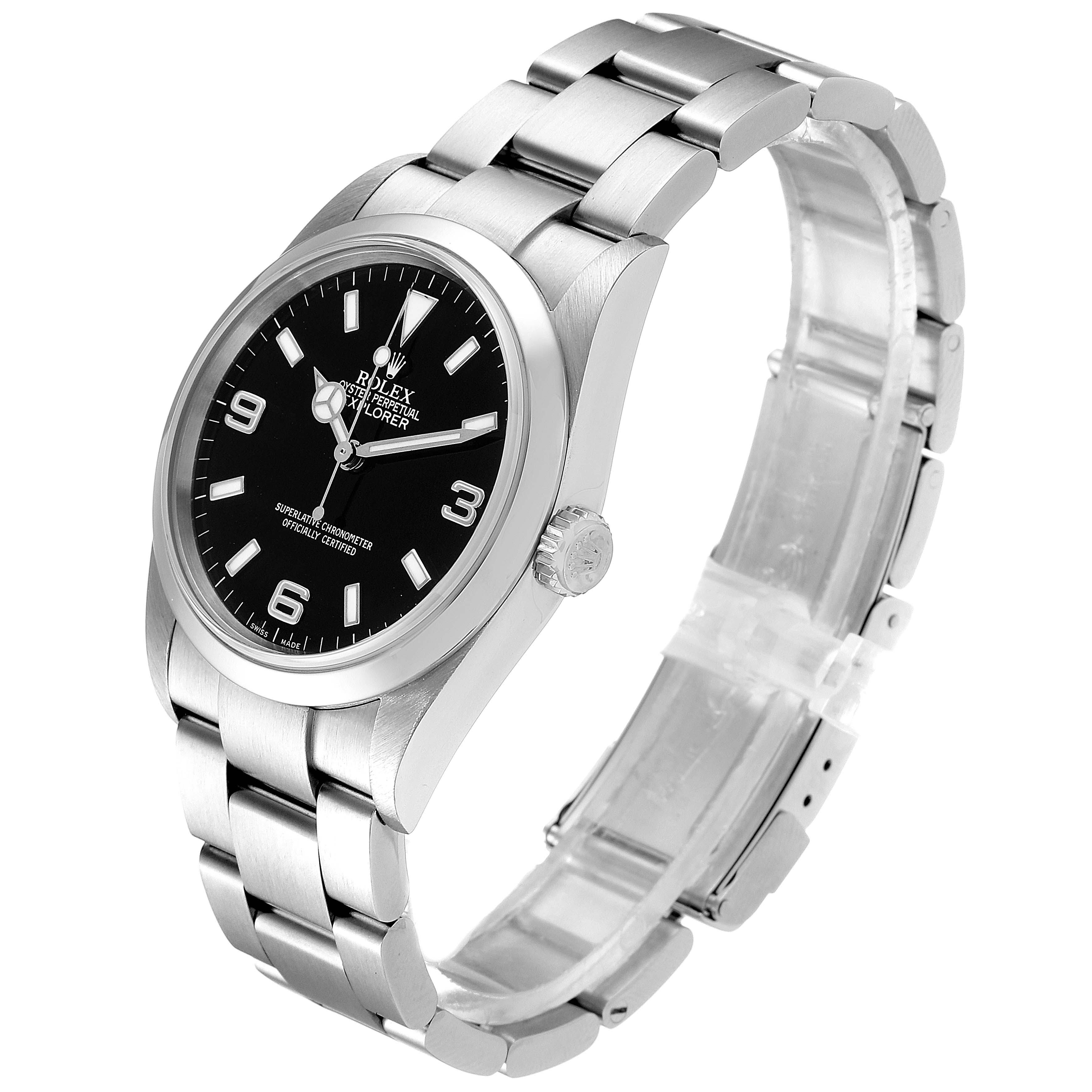 The Rolex Explorer 114270 Men
s Stainless Steel Black Dial 114270 Men
s Stainless Steel Black Dial watch is shown at an angle displaying its face, bezel, crown, and part of the bracelet.