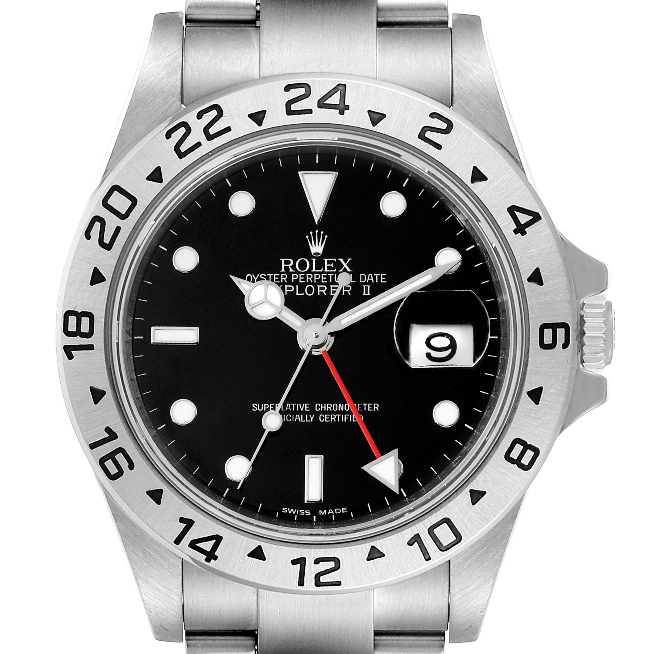 The image shows a front view of the Rolex Explorer 16570 Men
s Stainless Steel Black Dial 16570 Men
s Stainless Steel Black Dial watch, displaying the face, bezel, and part of the bracelet.