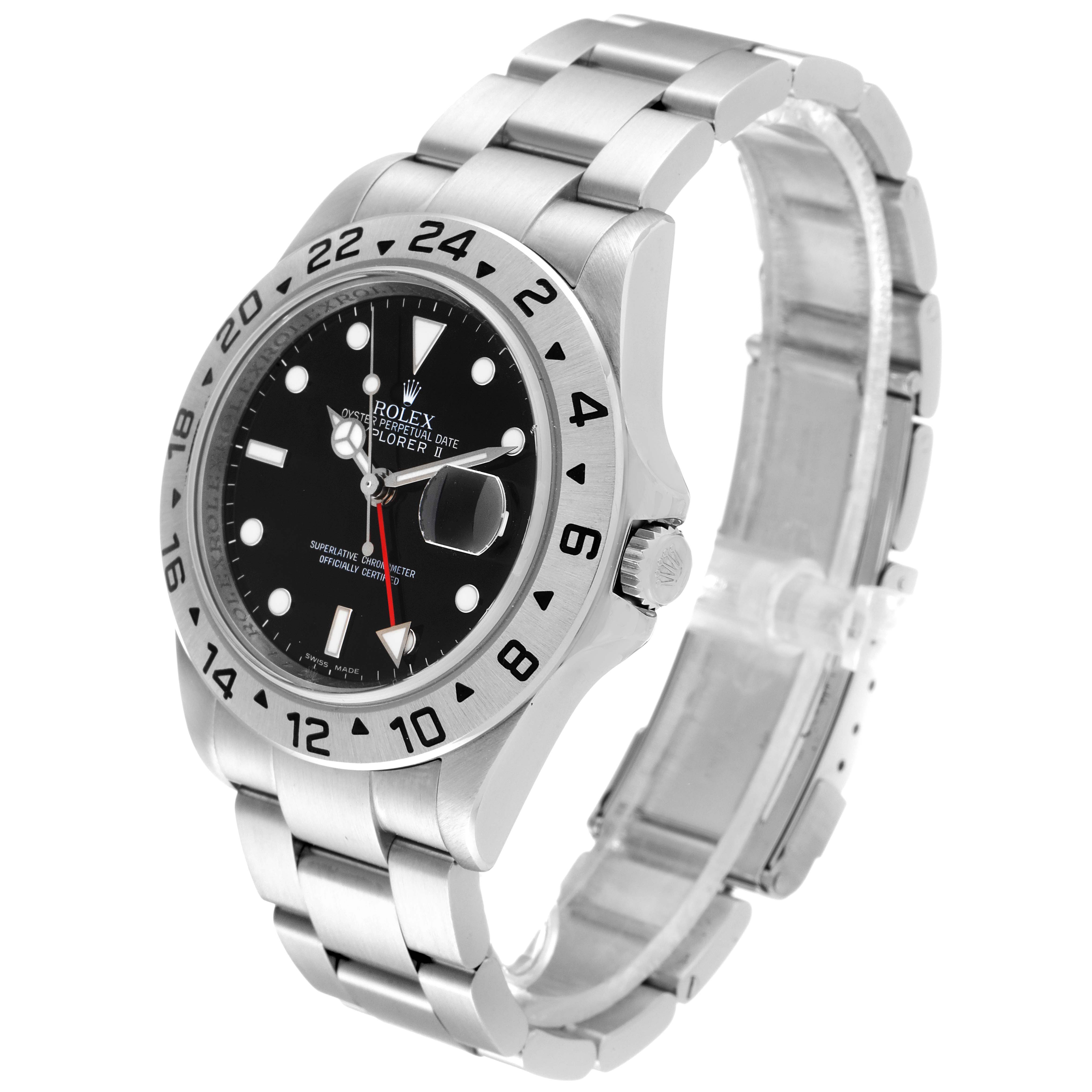 The Rolex Explorer 16570 Men
s Stainless Steel Black Dial 16570 Men
s Stainless Steel Black Dial watch is shown at an angle highlighting its face, bezel, crown, and stainless steel bracelet.