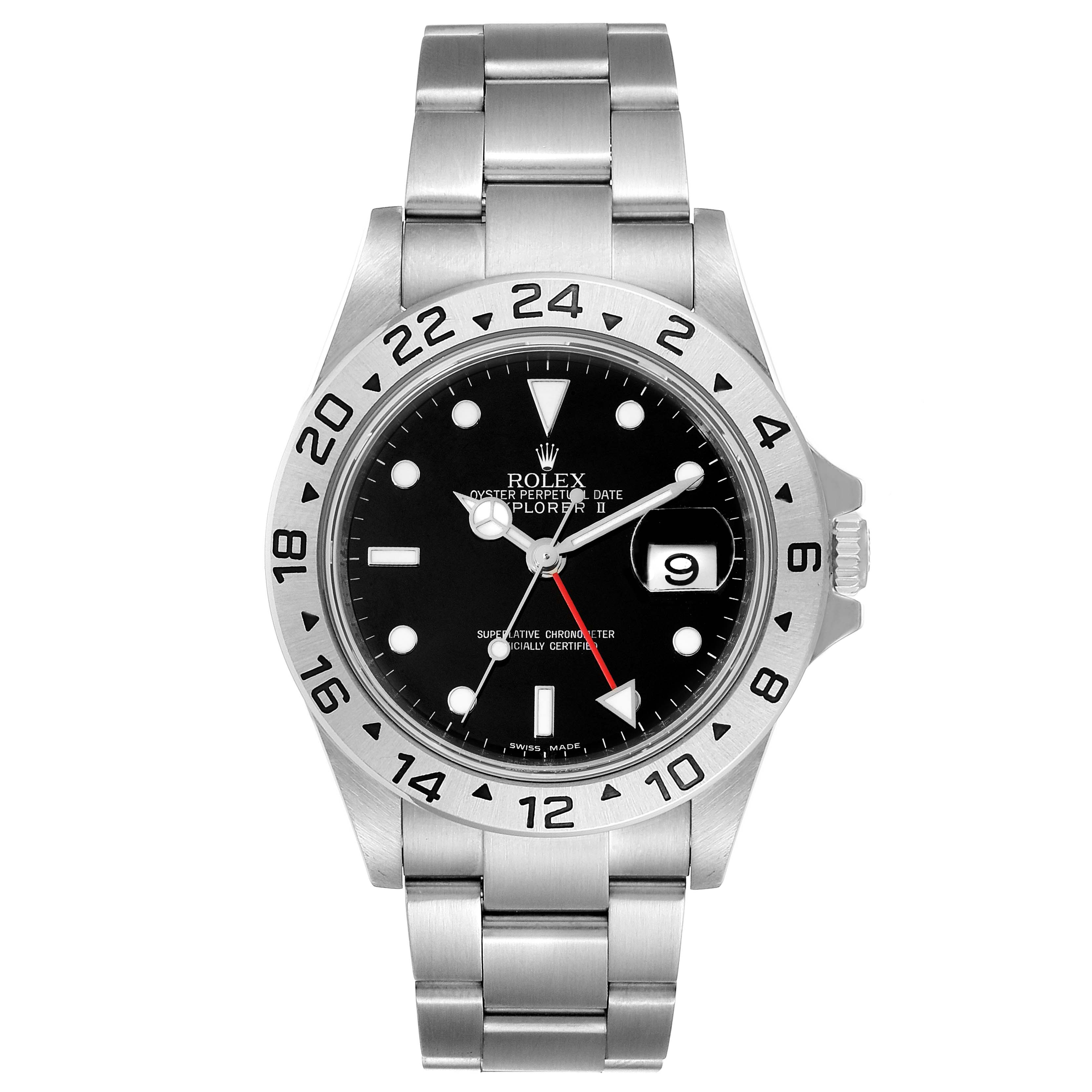 This image shows a front view of a Rolex Explorer 16570 Men
s Stainless Steel Black Dial 16570 Men
s Stainless Steel Black Dial II, including its dial, bezel, bracelet, and crown.