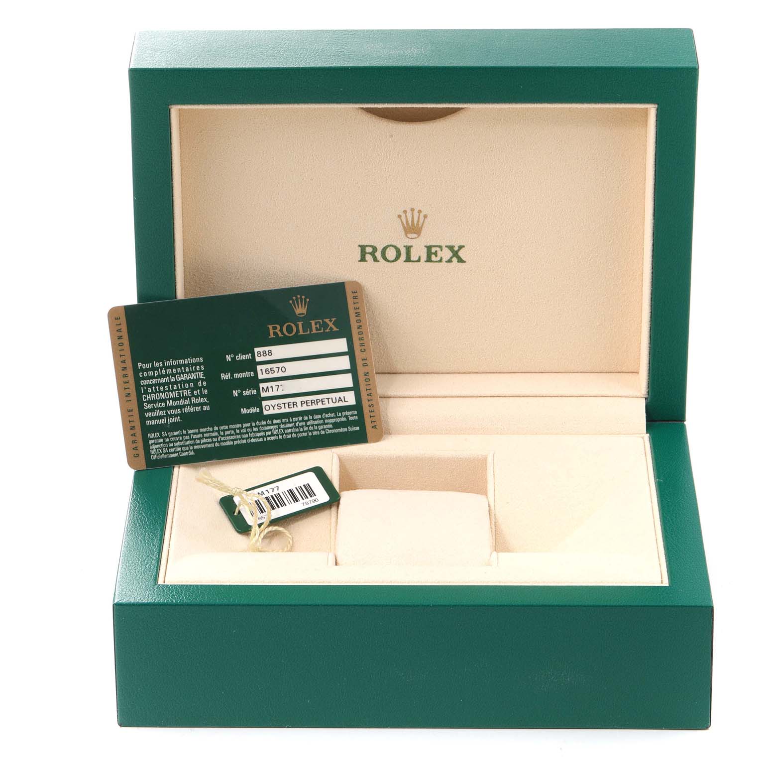 The image shows an open Rolex Explorer 16570 Men
s Stainless Steel Black Dial 16570 Men
s Stainless Steel Black Dial watch box, including reference cards and tags, but the watch itself is not visible.
