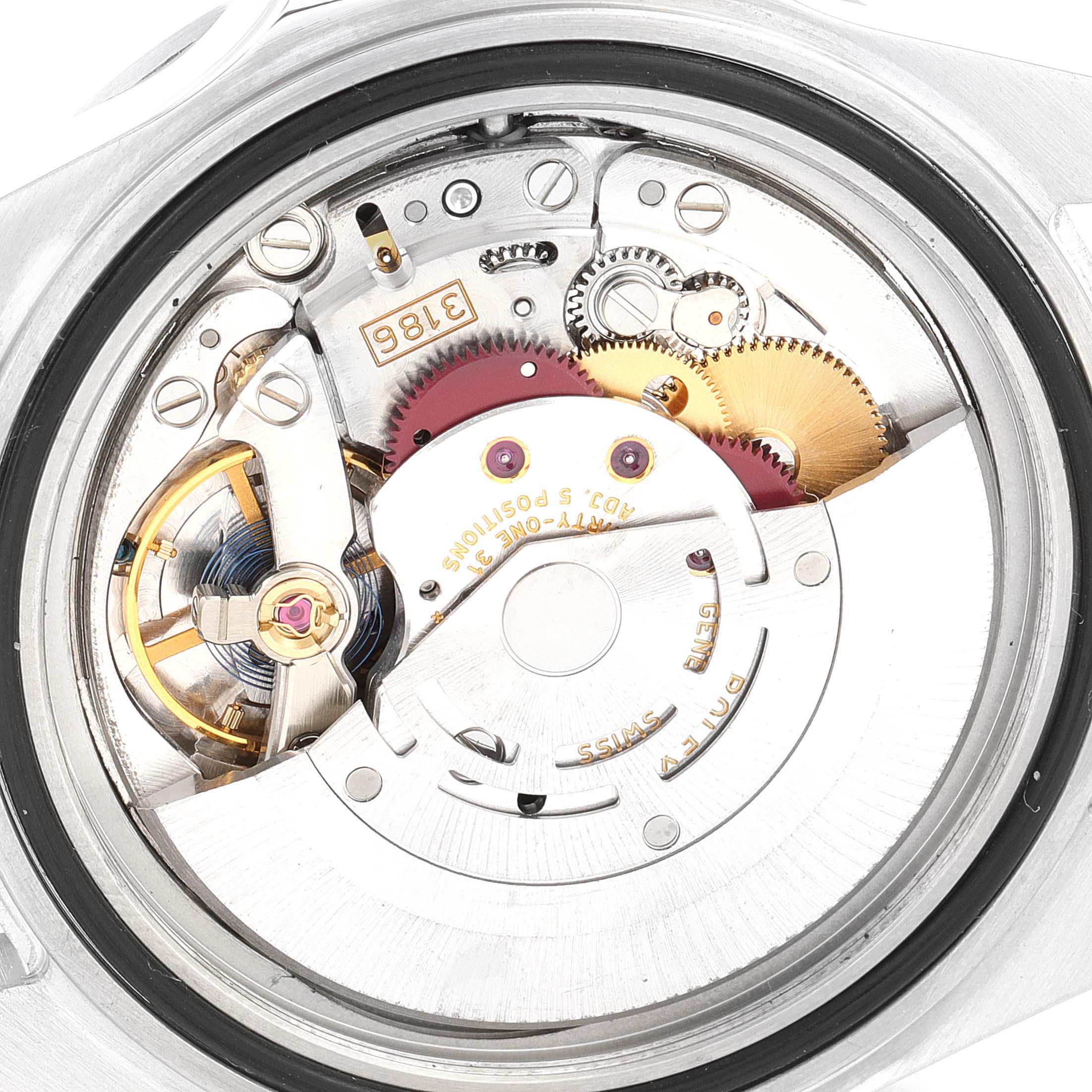 The image shows the intricate internal mechanism of a Rolex Explorer 16570 Men
s Stainless Steel Black Dial 16570 Men
s Stainless Steel Black Dial watch from a rear angle, revealing its movement components.