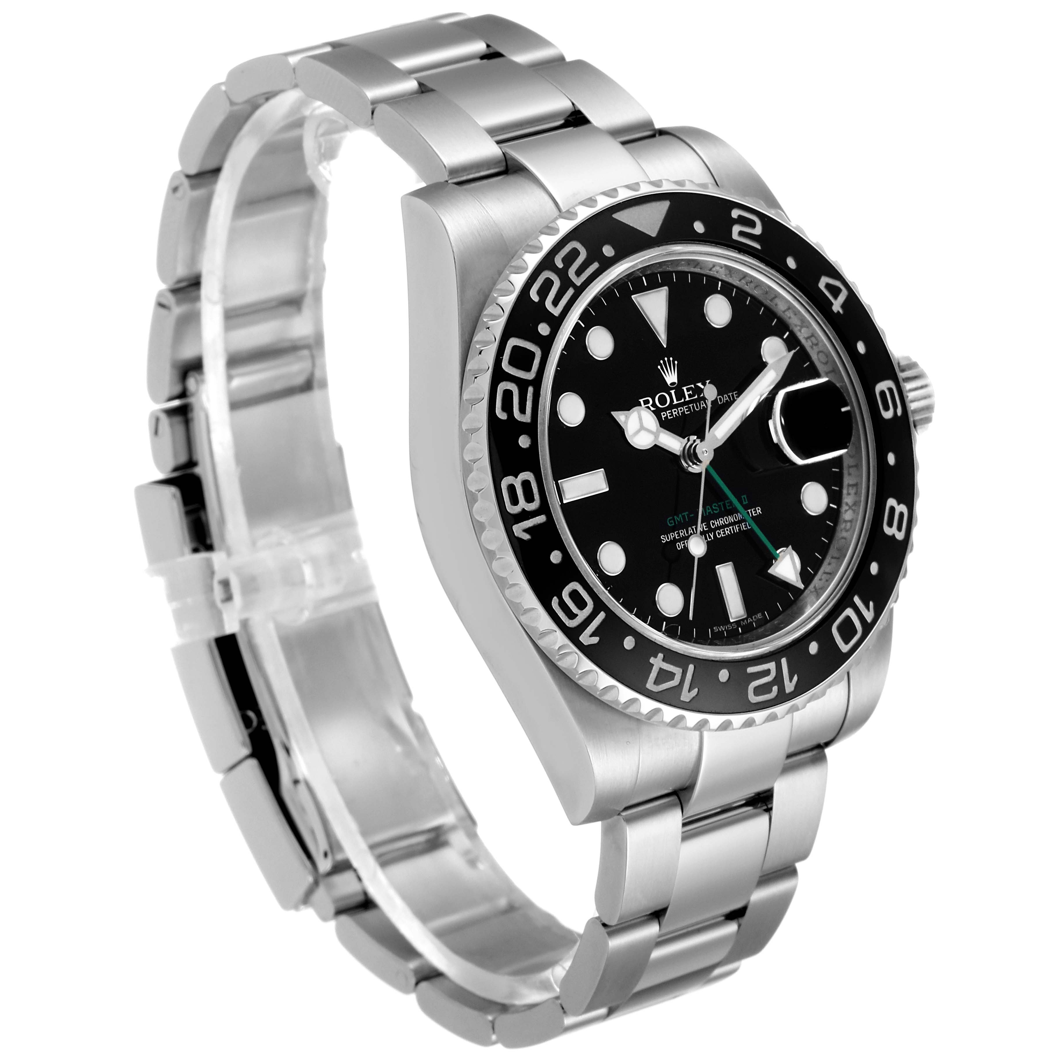 The image shows a Rolex GMT-Master 116710 Men
s Stainless Steel Black Dial 116710 Men
s Stainless Steel Black Dial watch angled from the left side, highlighting the bezel, dial, bracelet, and clasp.