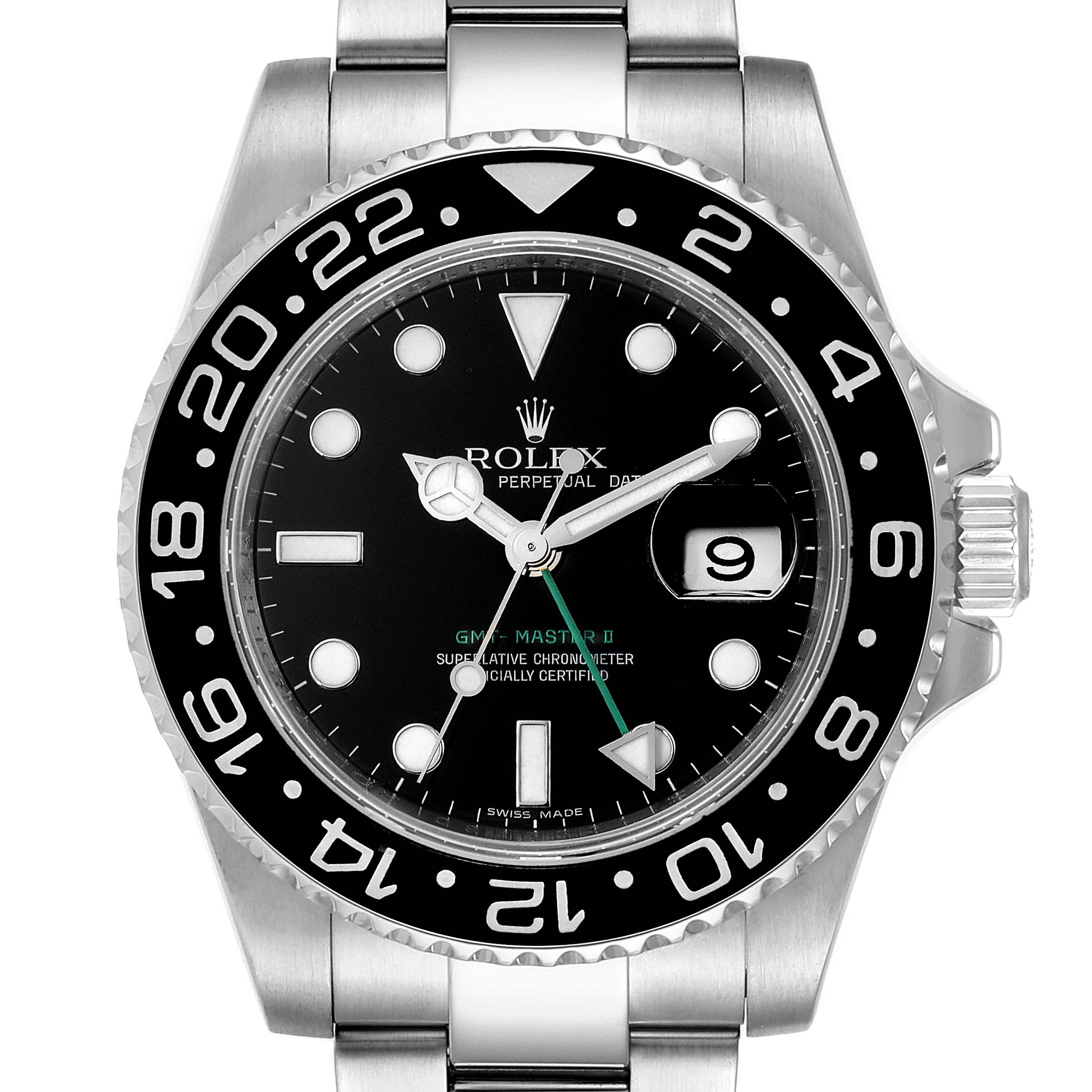 This image shows a frontal view of a Rolex GMT-Master 116710 Men
s Stainless Steel Black Dial 116710 Men
s Stainless Steel Black Dial II watch, displaying the dial, bezel, and part of the bracelet.