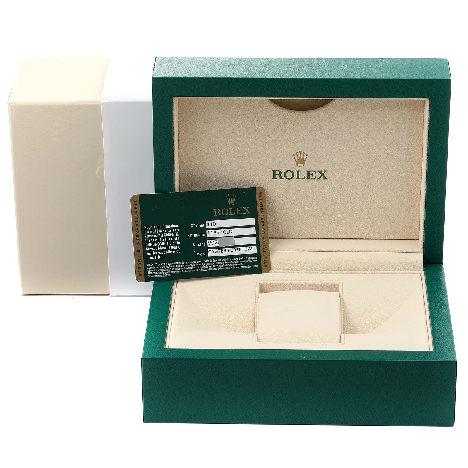 This image shows the packaging and warranty card for a Rolex GMT-Master 116710 Men
s Stainless Steel Black Dial 116710 Men
s Stainless Steel Black Dial, but not the watch itself.