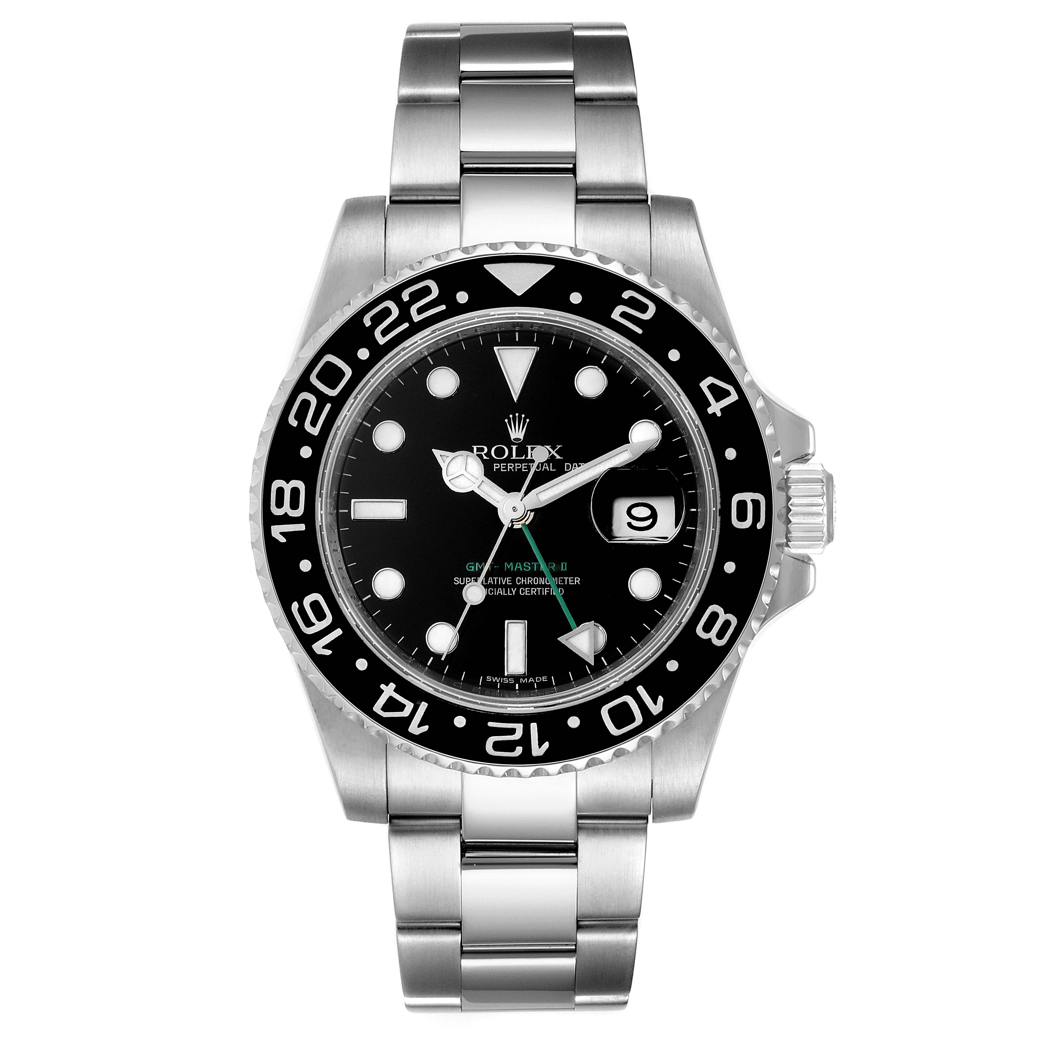The image shows a front view of the Rolex GMT-Master 116710 Men
s Stainless Steel Black Dial 116710 Men
s Stainless Steel Black Dial watch, highlighting the dial, bezel, bracelet, and crown.