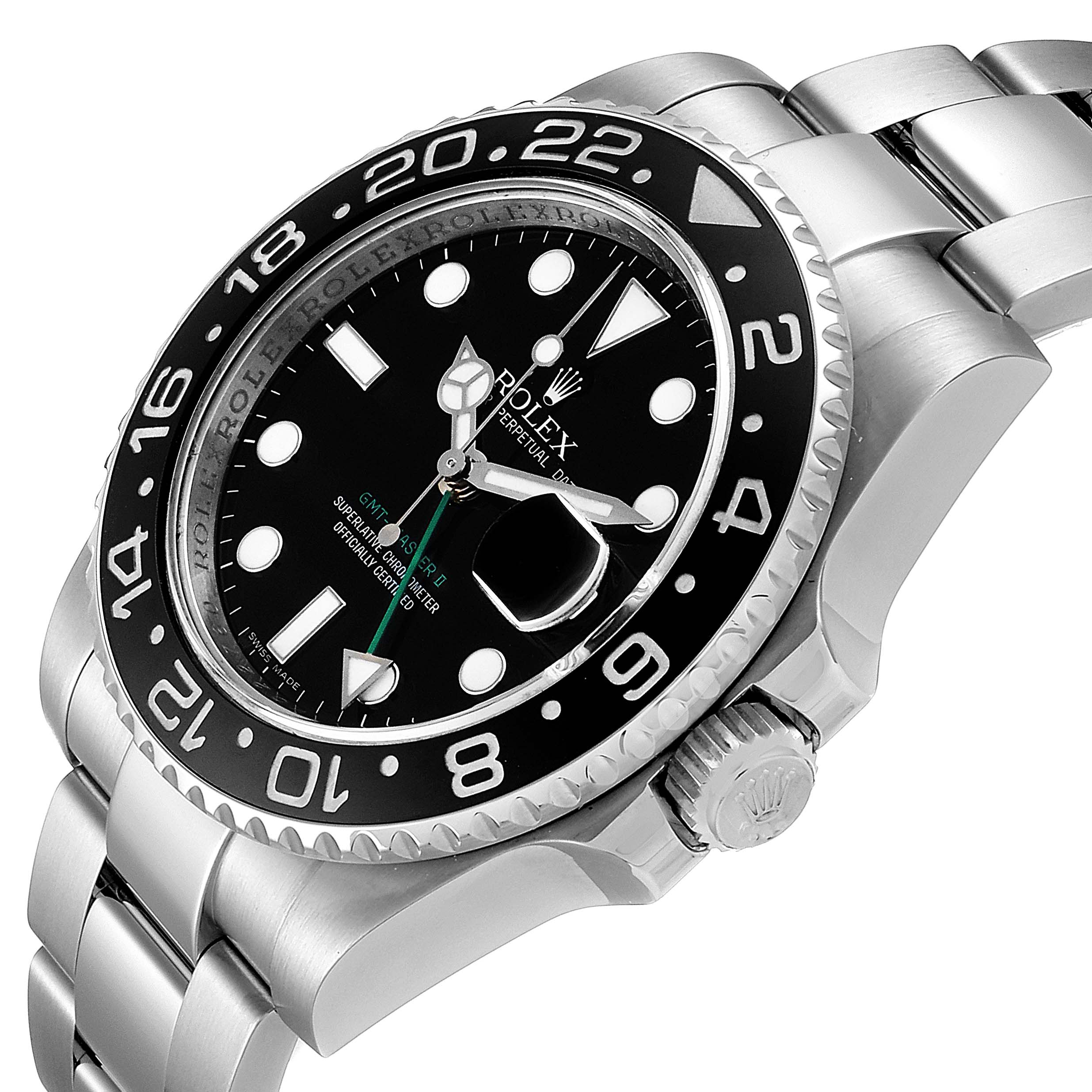 This image shows a Rolex GMT-Master 116710 Men
s Stainless Steel Black Dial 116710 Men
s Stainless Steel Black Dial watch viewed from an angled side, displaying the face, bezel, crown, and part of the bracelet.