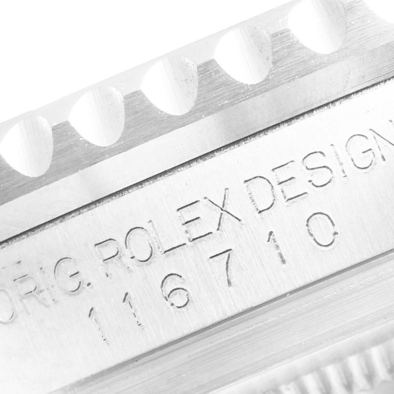 This image shows a close-up of the case and model number of a Rolex GMT-Master 116710 Men
s Stainless Steel Black Dial 116710 Men
s Stainless Steel Black Dial watch.