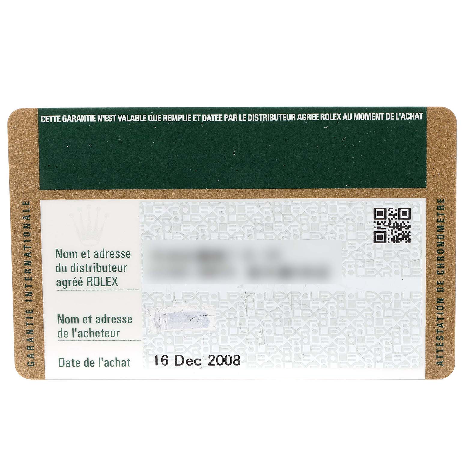 This is a close-up of the international guarantee card for the Rolex GMT-Master 116710 Men
s Stainless Steel Black Dial 116710 Men
s Stainless Steel Black Dial watch, detailing purchase date and distributor information.