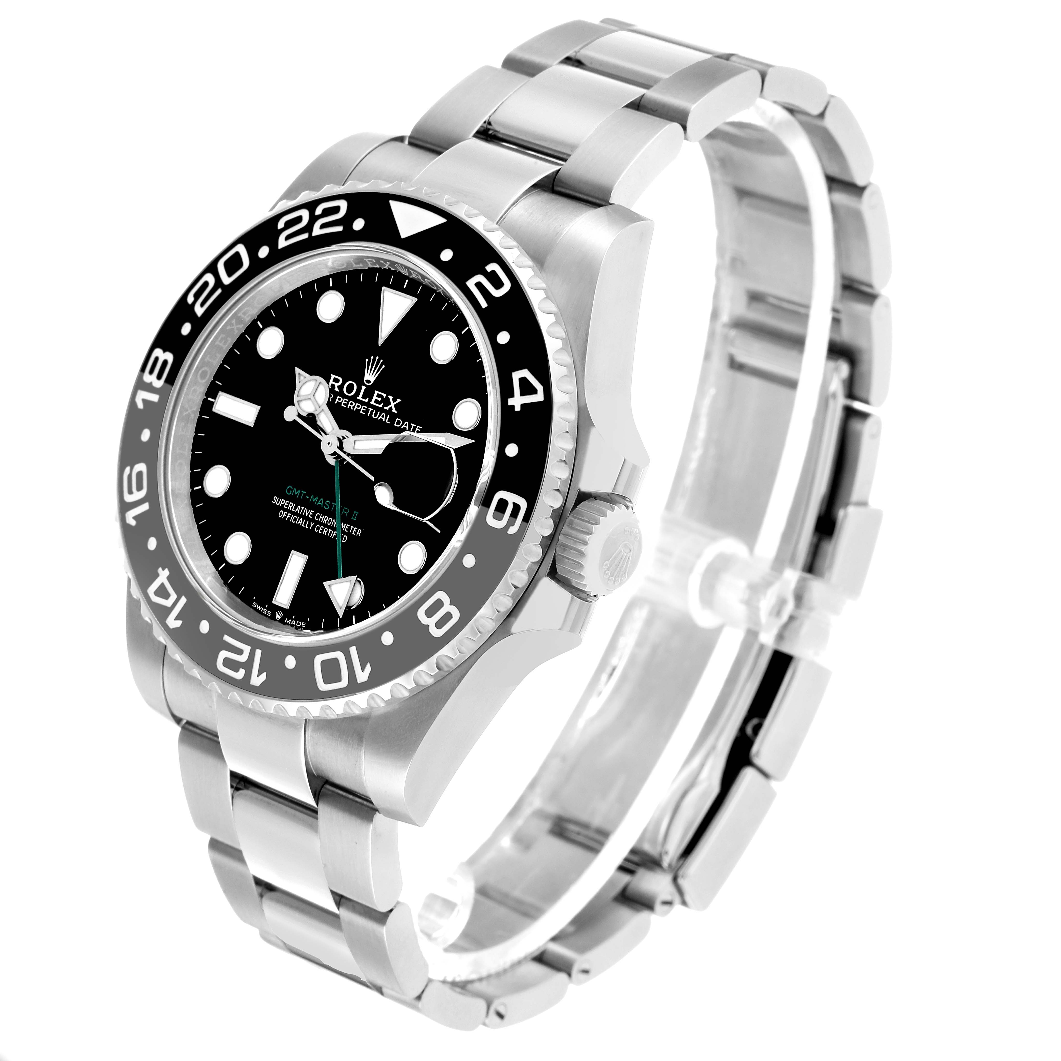 The Rolex GMT-Master 126710GRNR Men's Stainless Steel Black Dial watch is shown at a three-quarter angle, displaying the bezel, dial, crown, and bracelet links.