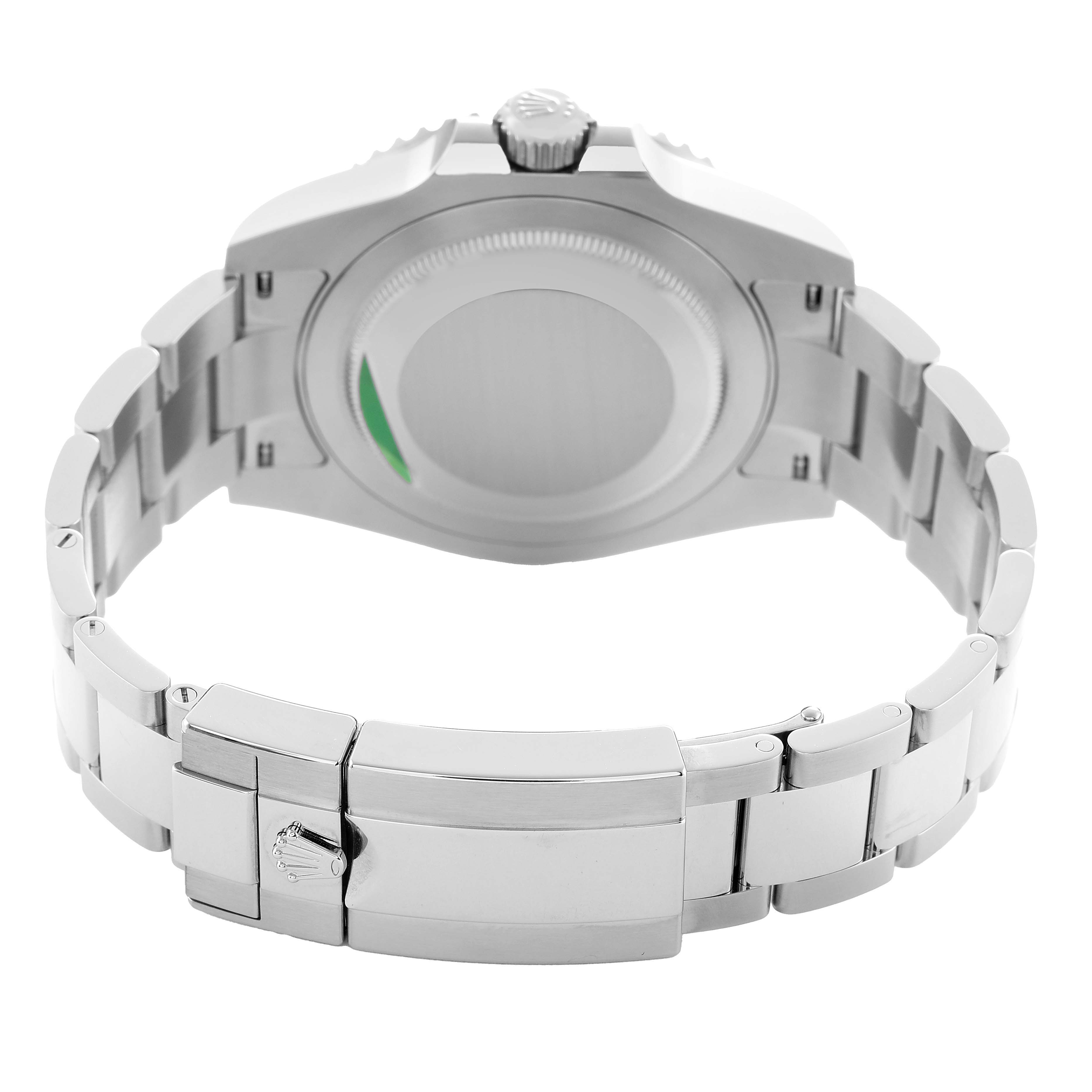 The image shows the back and clasp of a Rolex GMT-Master 126710GRNR Men's Stainless Steel Black Dial, highlighting the case back, bracelet, and clasp mechanism.