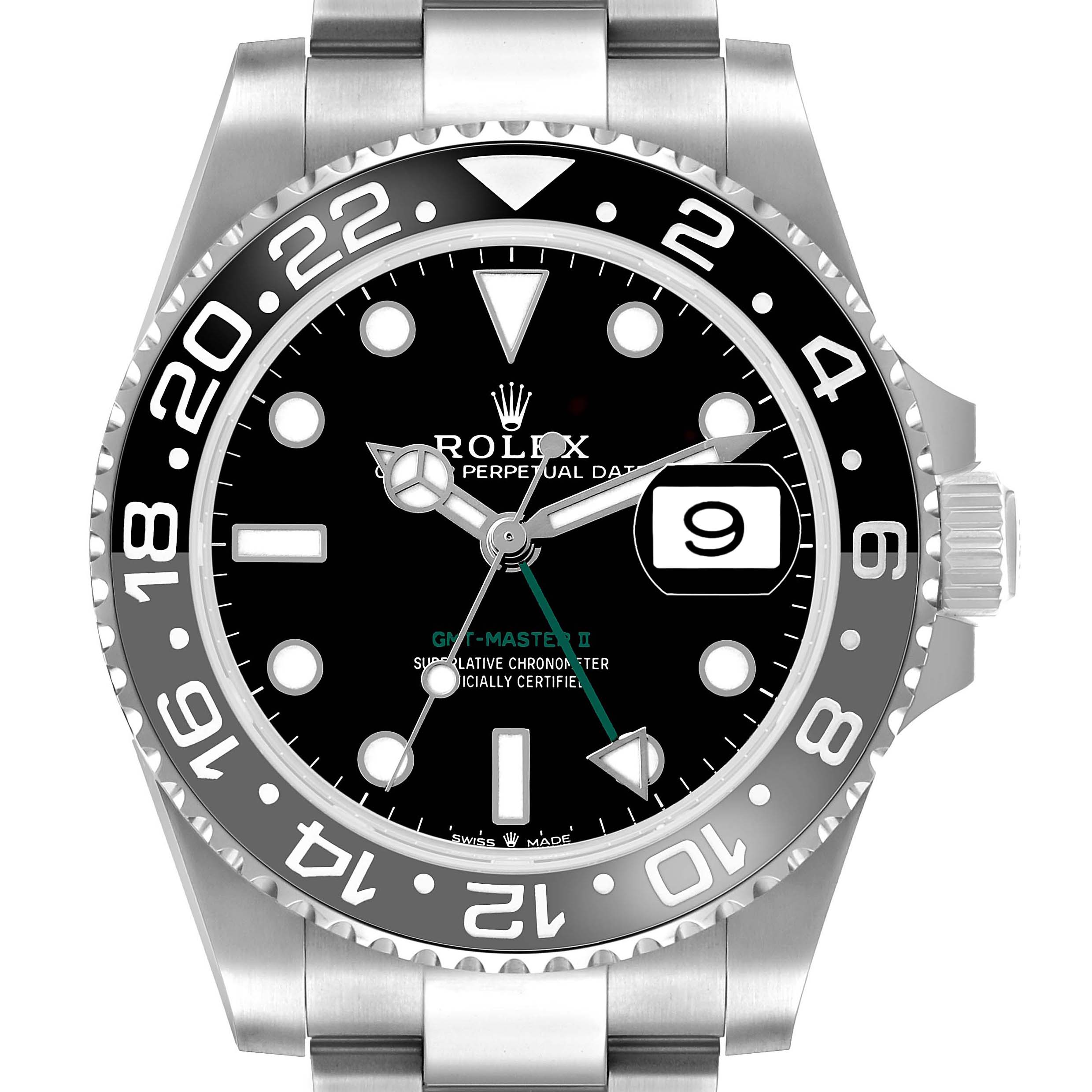 The Rolex GMT-Master 126710GRNR Men's Stainless Steel Black Dial watch is shown from a front angle, highlighting the bezel, dial, hands, and crown.