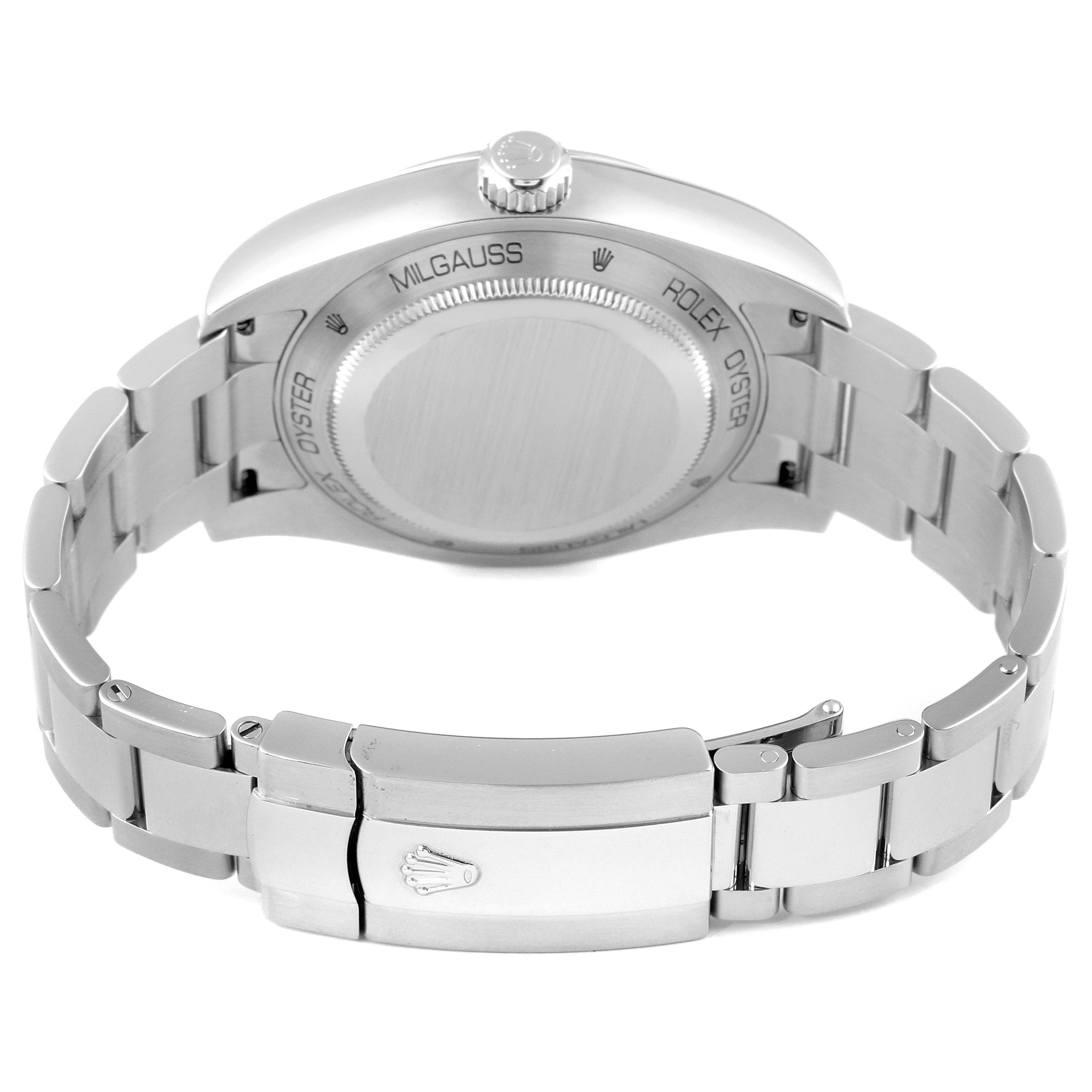 The image shows the back case and bracelet clasp of the Rolex Milgauss 116400GV Men
s Stainless Steel Black Dial 116400GV Men
s Stainless Steel Black Dial watch.