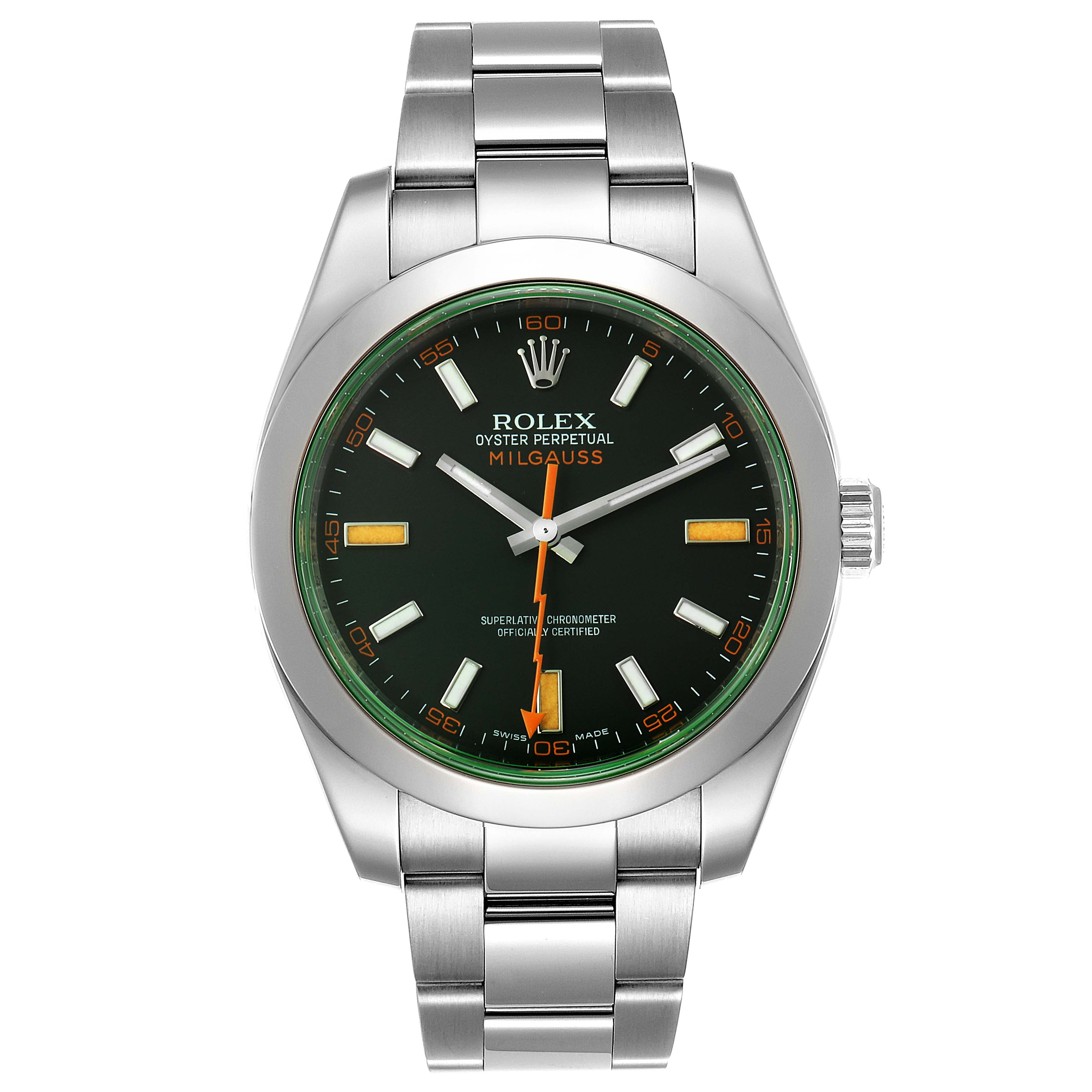 The image shows a front angle of a Rolex Milgauss 116400GV Men
s Stainless Steel Black Dial 116400GV Men
s Stainless Steel Black Dial watch, displaying the face, hour and minute hands, and bracelet.