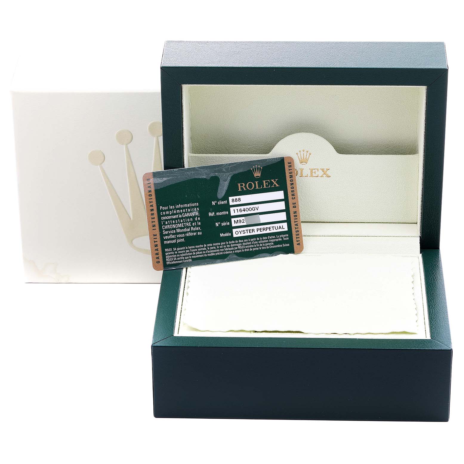 The image shows the packaging for a Rolex Milgauss 116400GV Men
s Stainless Steel Black Dial 116400GV Men
s Stainless Steel Black Dial watch, including the box and Best Quality
ity card.