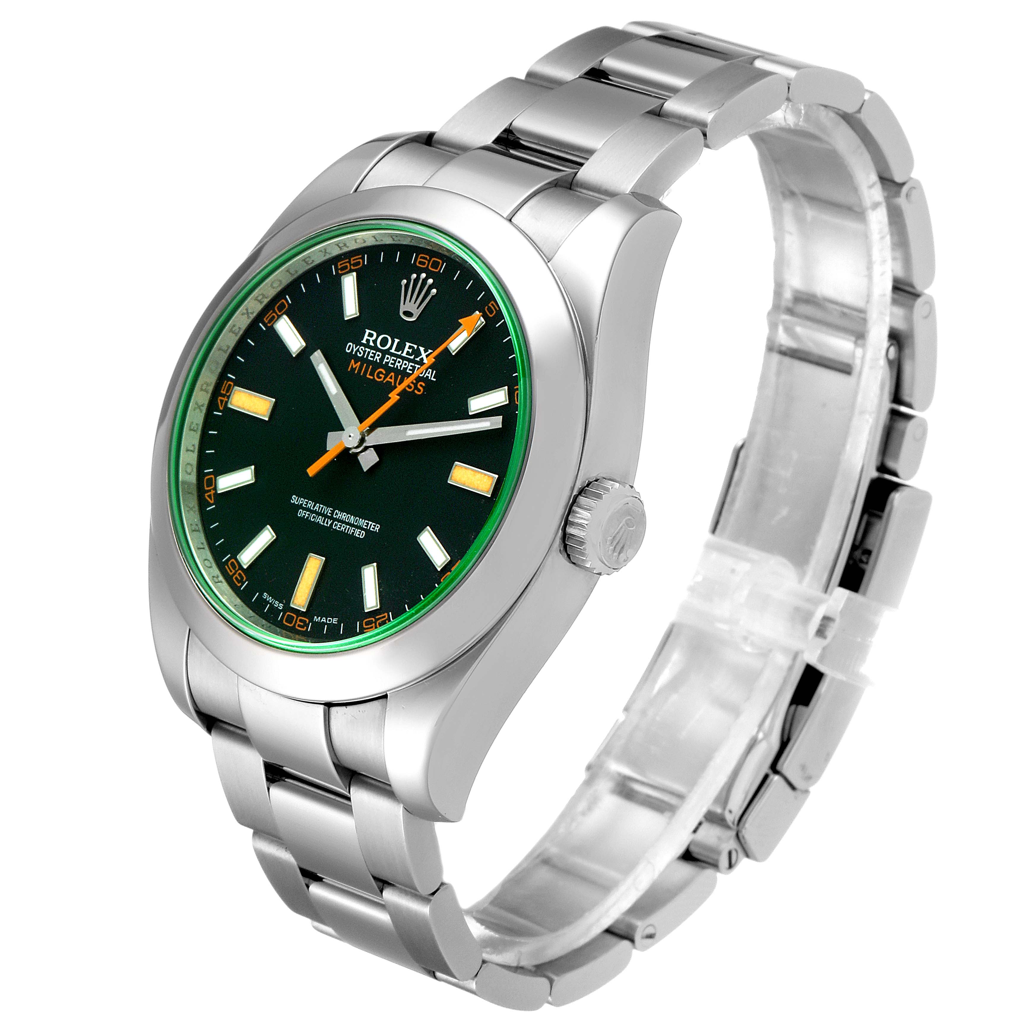 This image displays a side and front angle of a Rolex Milgauss 116400GV Men
s Stainless Steel Black Dial 116400GV Men
s Stainless Steel Black Dial watch, highlighting the face, bezel, and bracelet.