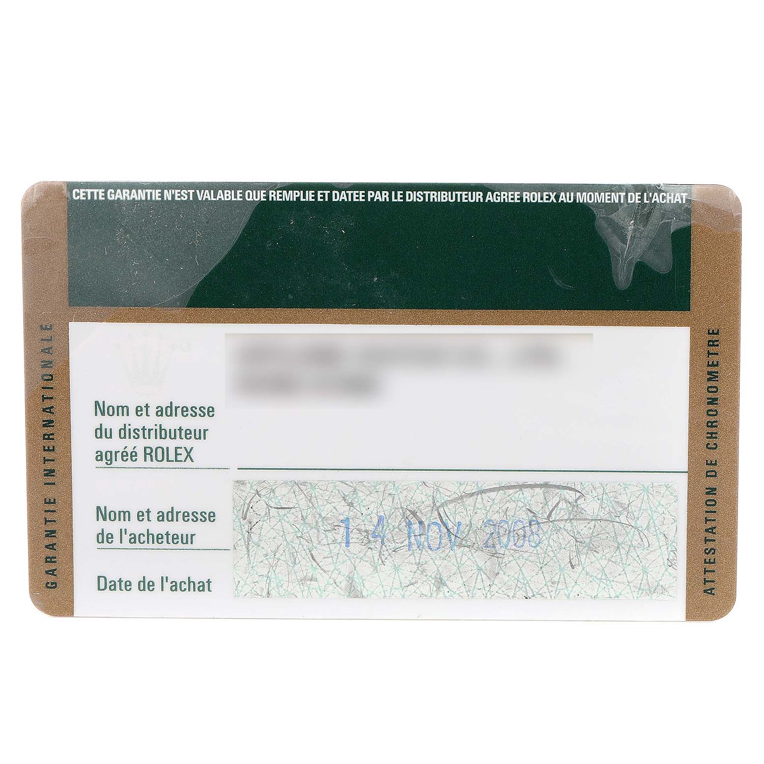 This image shows the international guarantee card for a Rolex Milgauss 116400GV Men
s Stainless Steel Black Dial 116400GV Men
s Stainless Steel Black Dial watch.