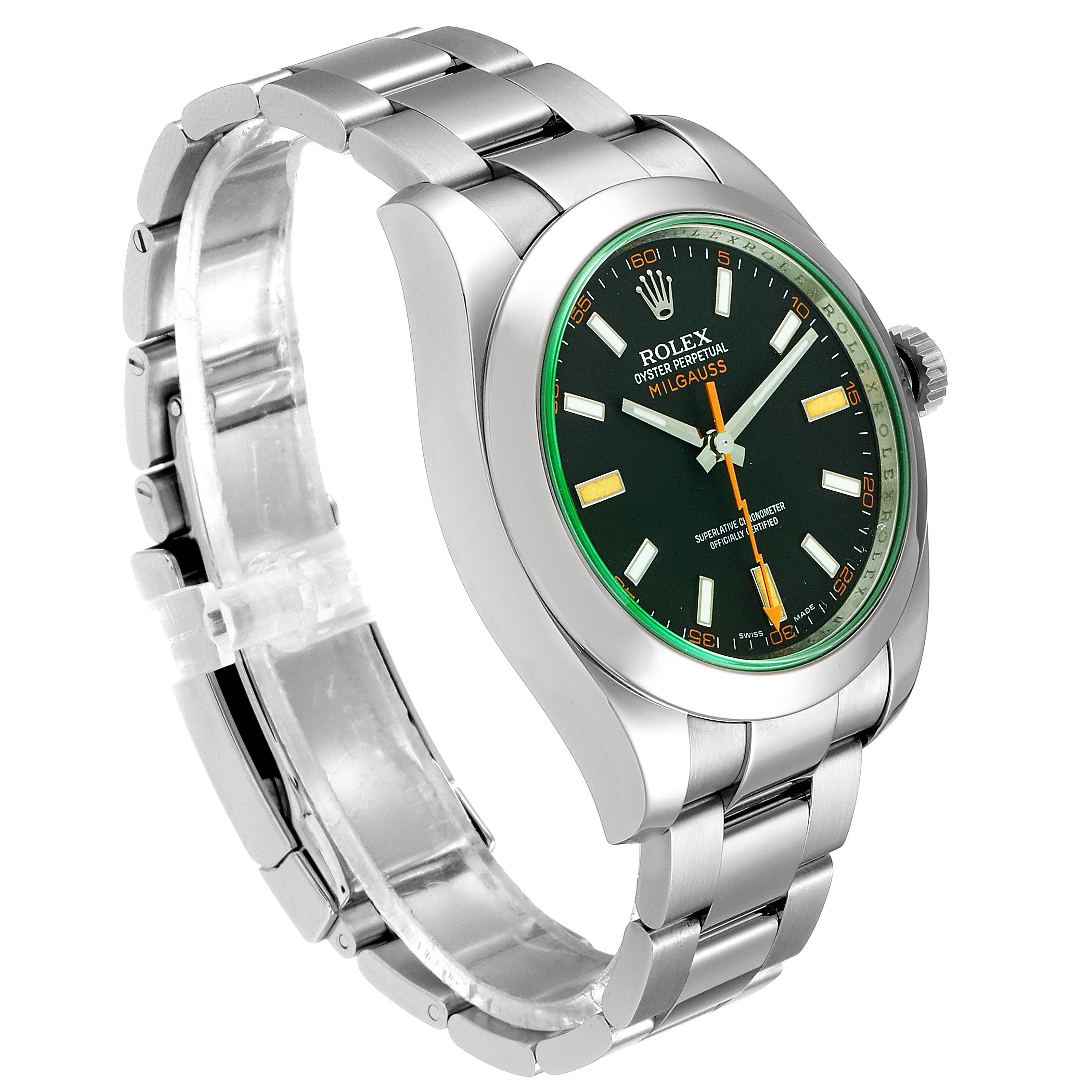 The image shows a Rolex Milgauss 116400GV Men
s Stainless Steel Black Dial 116400GV Men
s Stainless Steel Black Dial watch at an angle highlighting its face, bezel, and stainless steel bracelet.