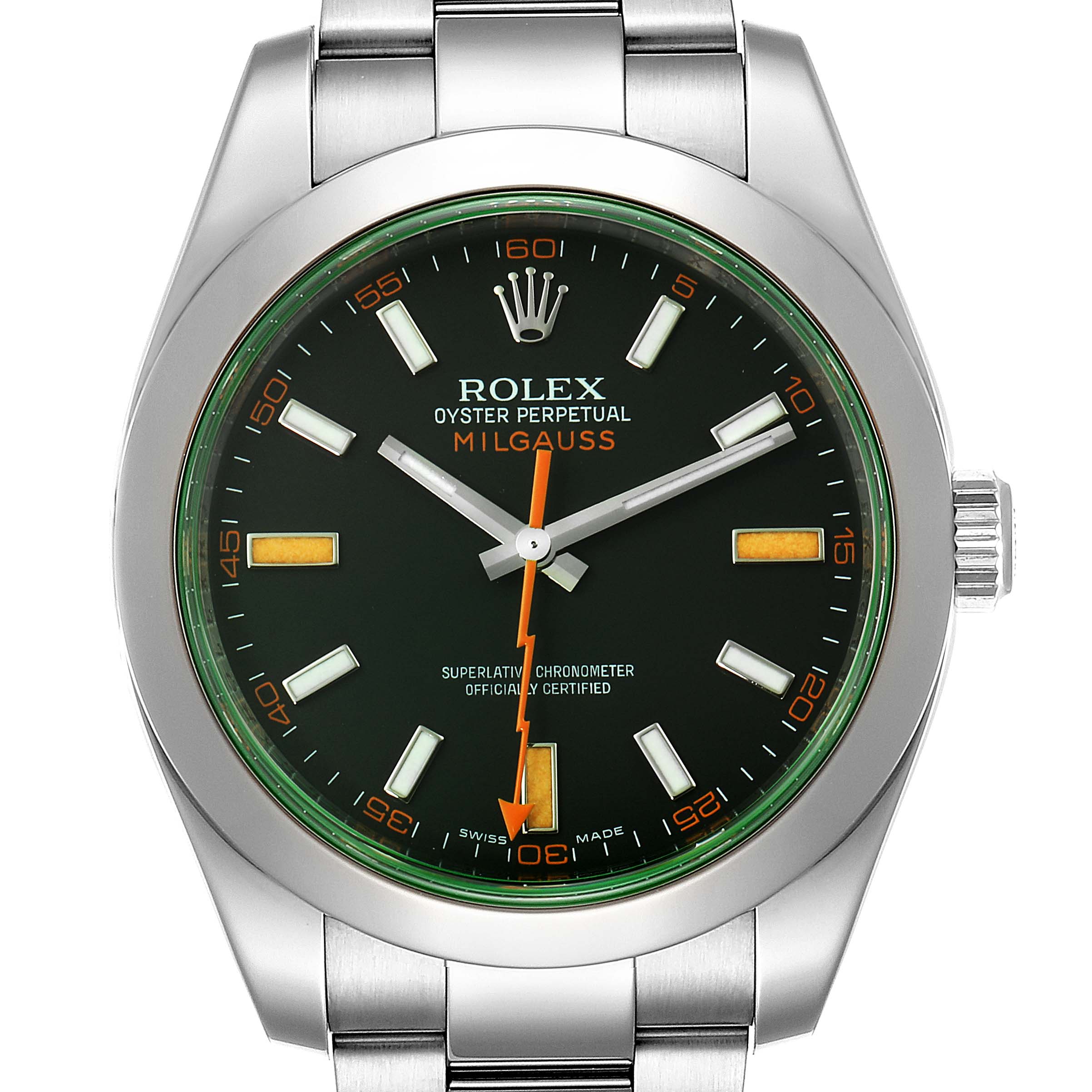 This image shows a front view of the Rolex Milgauss 116400GV Men
s Stainless Steel Black Dial 116400GV Men
s Stainless Steel Black Dial watch, highlighting its black dial, green sapphire crystal, and stainless steel bracelet.