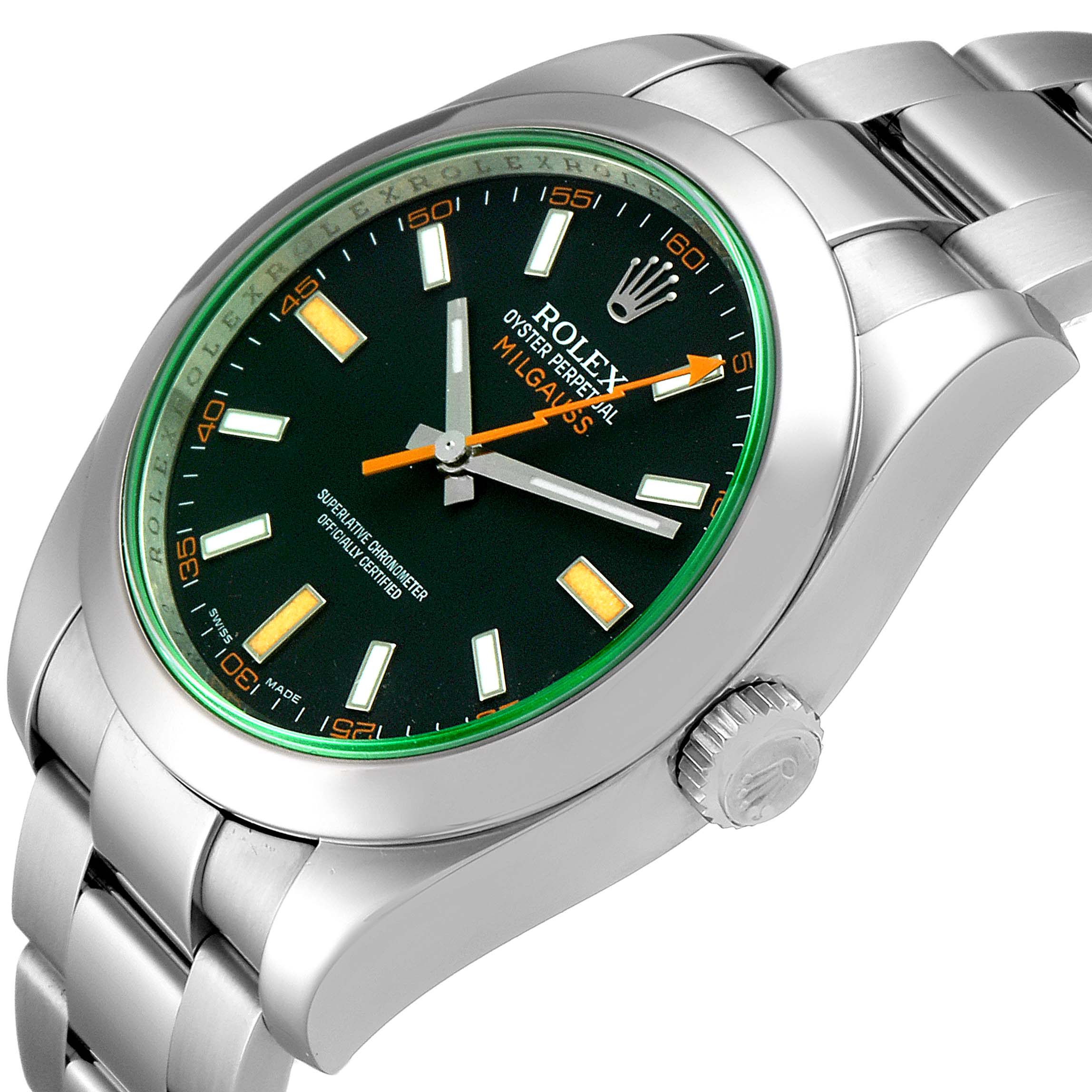 The image shows a Rolex Milgauss 116400GV Men
s Stainless Steel Black Dial 116400GV Men
s Stainless Steel Black Dial watch at an angled view, highlighting the dial, bezel, crown, and bracelet.
