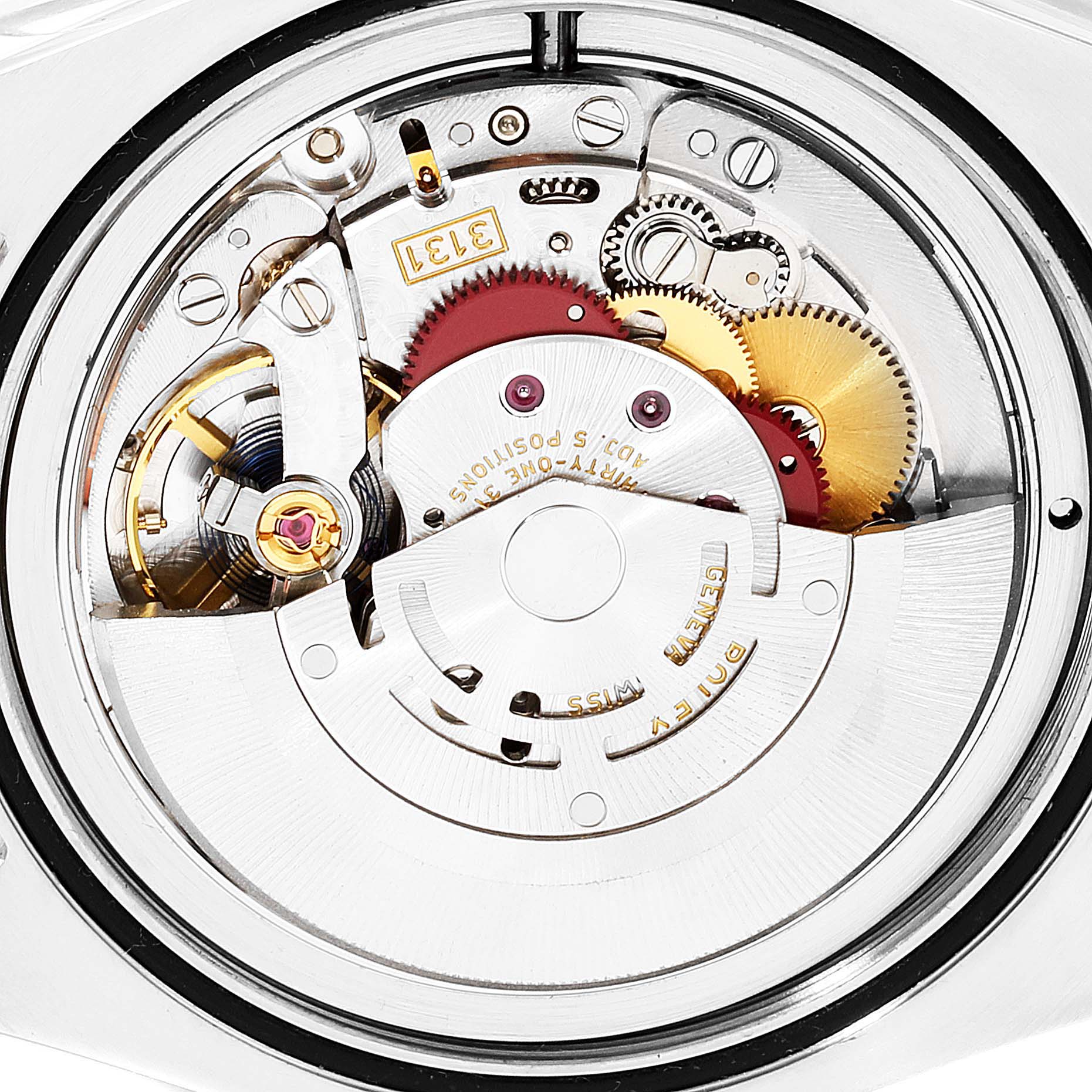 The image shows an internal, close-up view of the movement mechanism of the Rolex Milgauss 116400GV Men
s Stainless Steel Blue Dial 116400GV Men
s Stainless Steel Blue Dial watch.