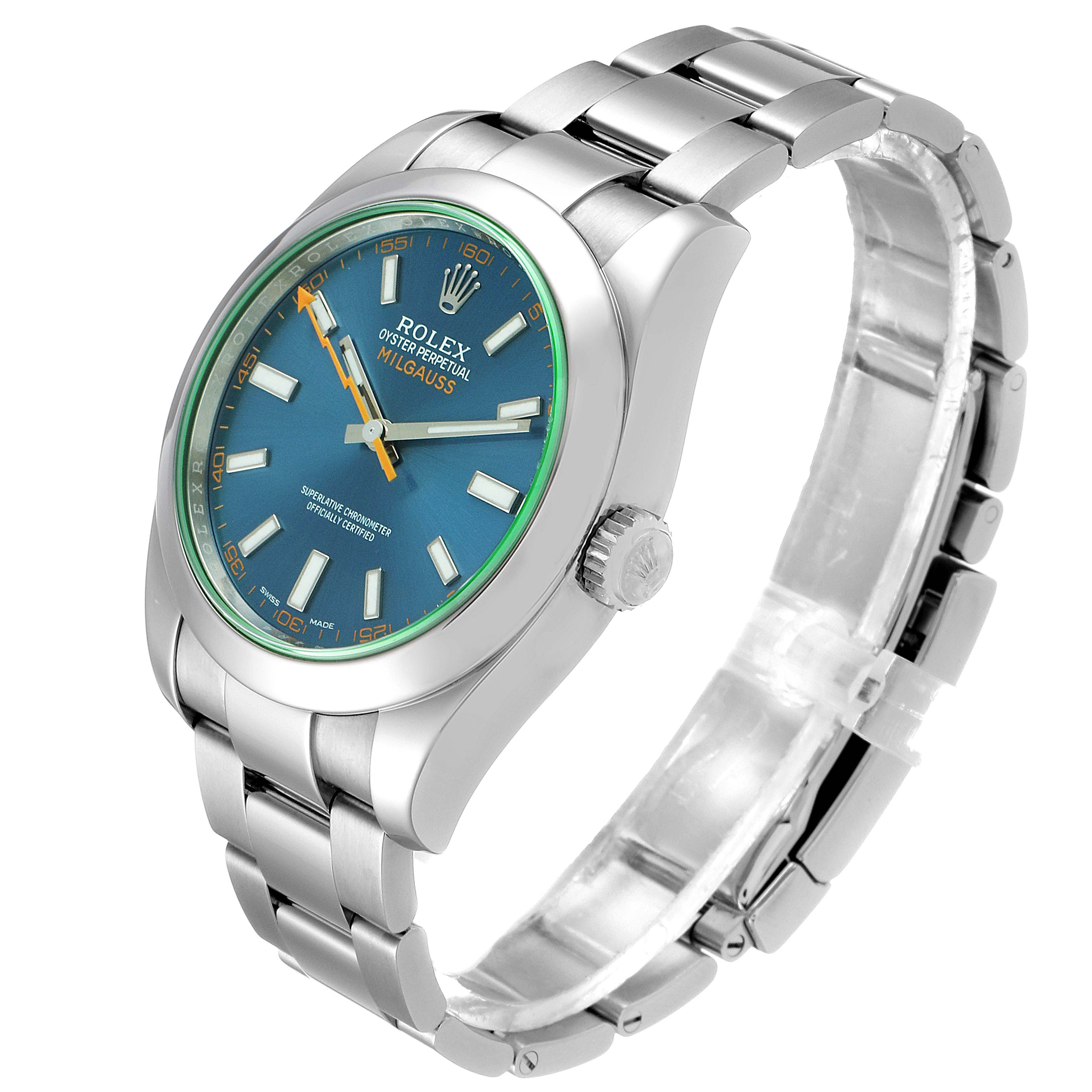 The image shows a three-quarter view of the Rolex Milgauss 116400GV Men
s Stainless Steel Blue Dial 116400GV Men
s Stainless Steel Blue Dial watch, highlighting the face, crown, and stainless steel bracelet.