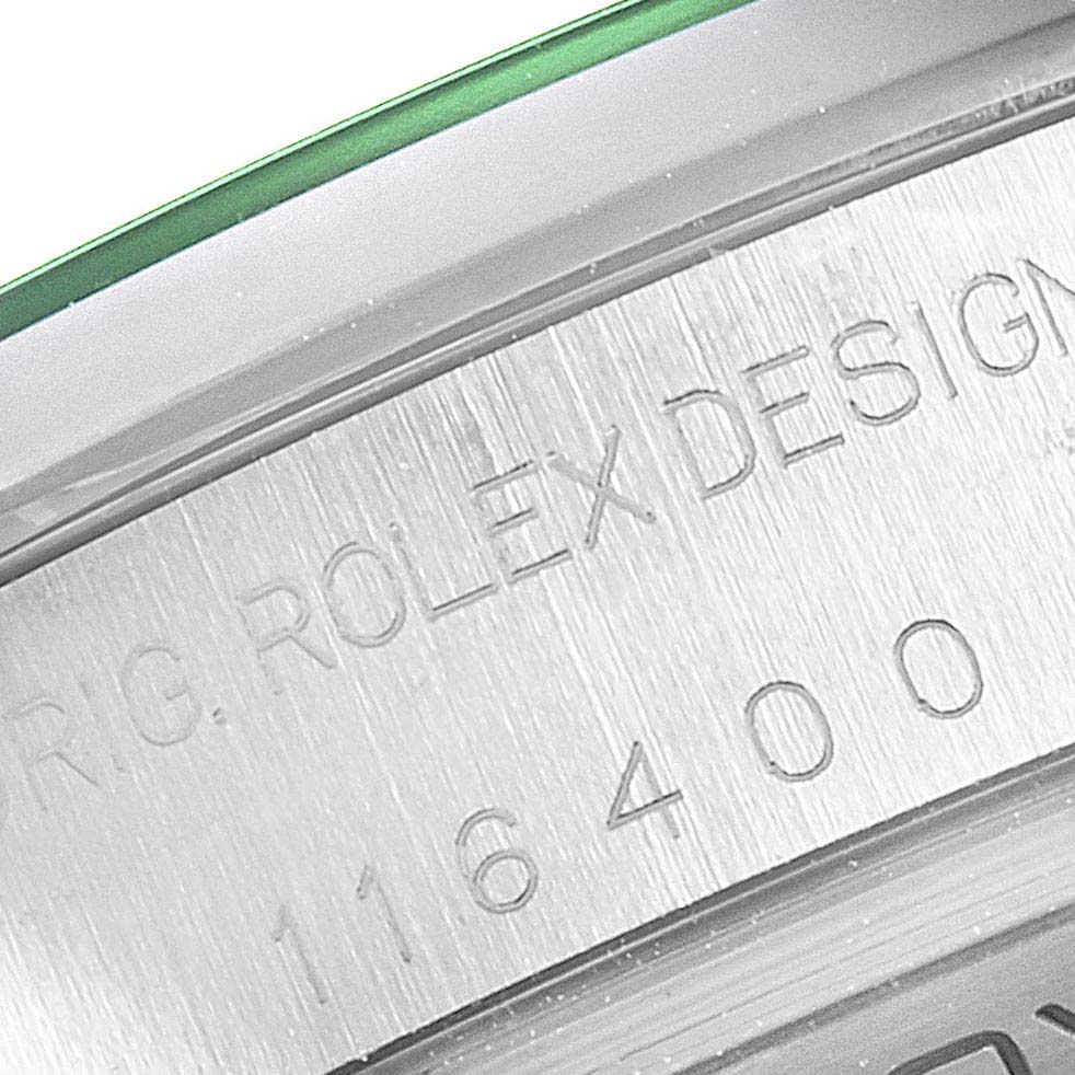 Close-up showing the engraving on the rim of a Rolex Milgauss 116400GV Men
s Stainless Steel Blue Dial 116400GV Men
s Stainless Steel Blue Dial watch case.