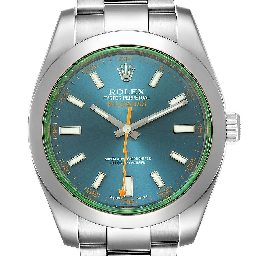 Rolex Milgauss Blue Dial Green Crystal Steel Mens Watch 116400 Box SwissWatchExpo