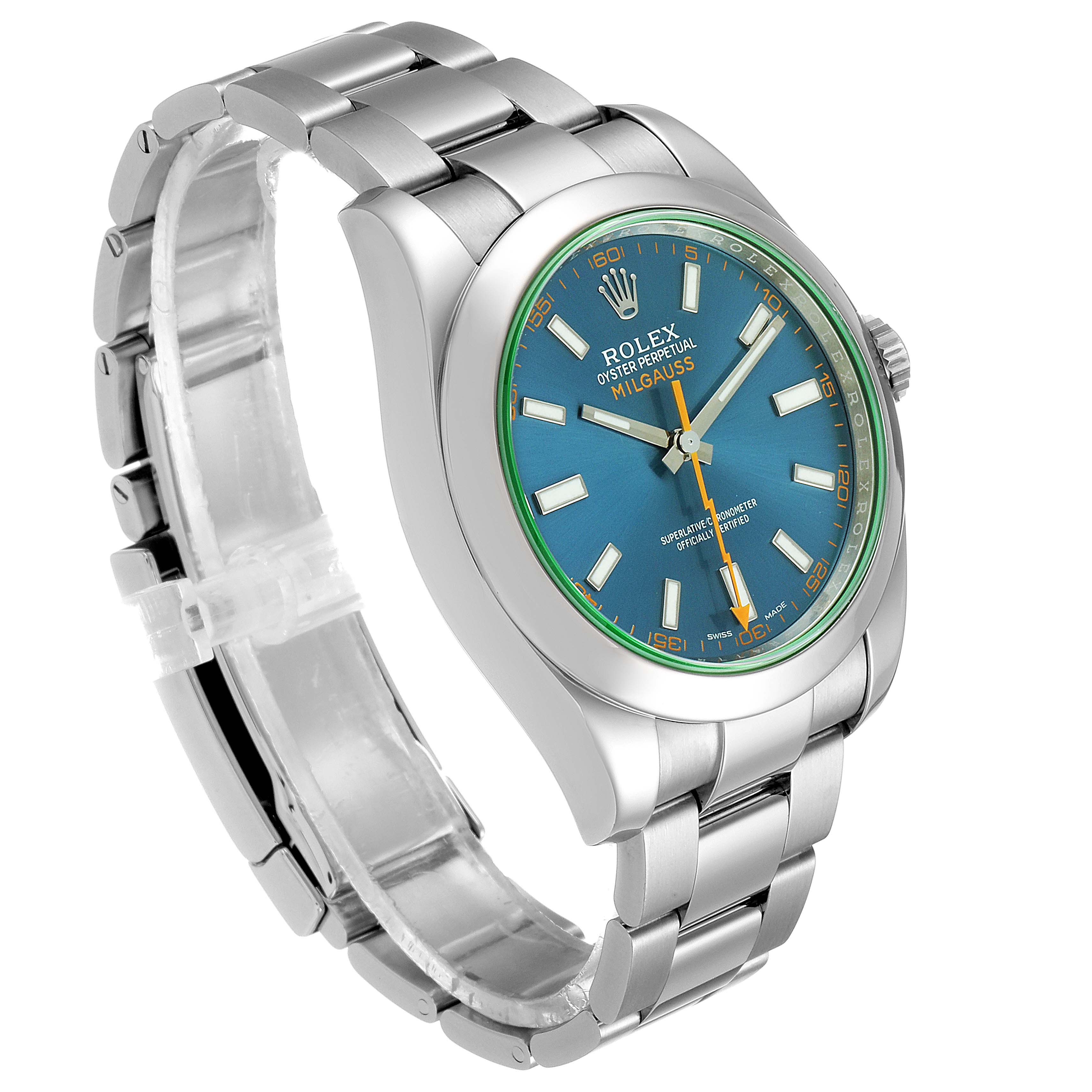 The Rolex Milgauss 116400GV Men
s Stainless Steel Blue Dial 116400GV Men
s Stainless Steel Blue Dial watch is shown at a slight angle, displaying the face, bezel, crown, and part of the stainless steel bracelet.